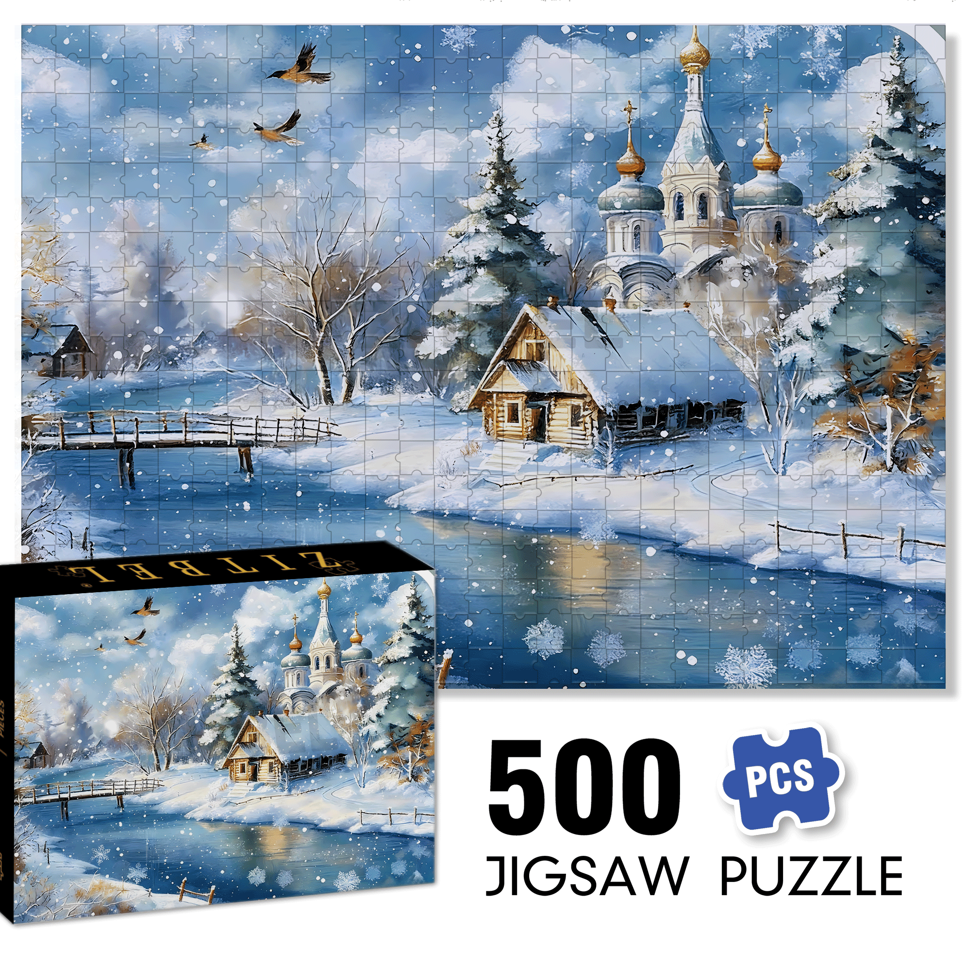 A Snowy Town 500pcs/1000pcs Jigsaw Puzzle, Scratch-Resistant, Interactive Family Game & Brain-Boosting DIY Decor, Perfect for Halloween, Christmas & New Year Gifts, Family Puzzle Game