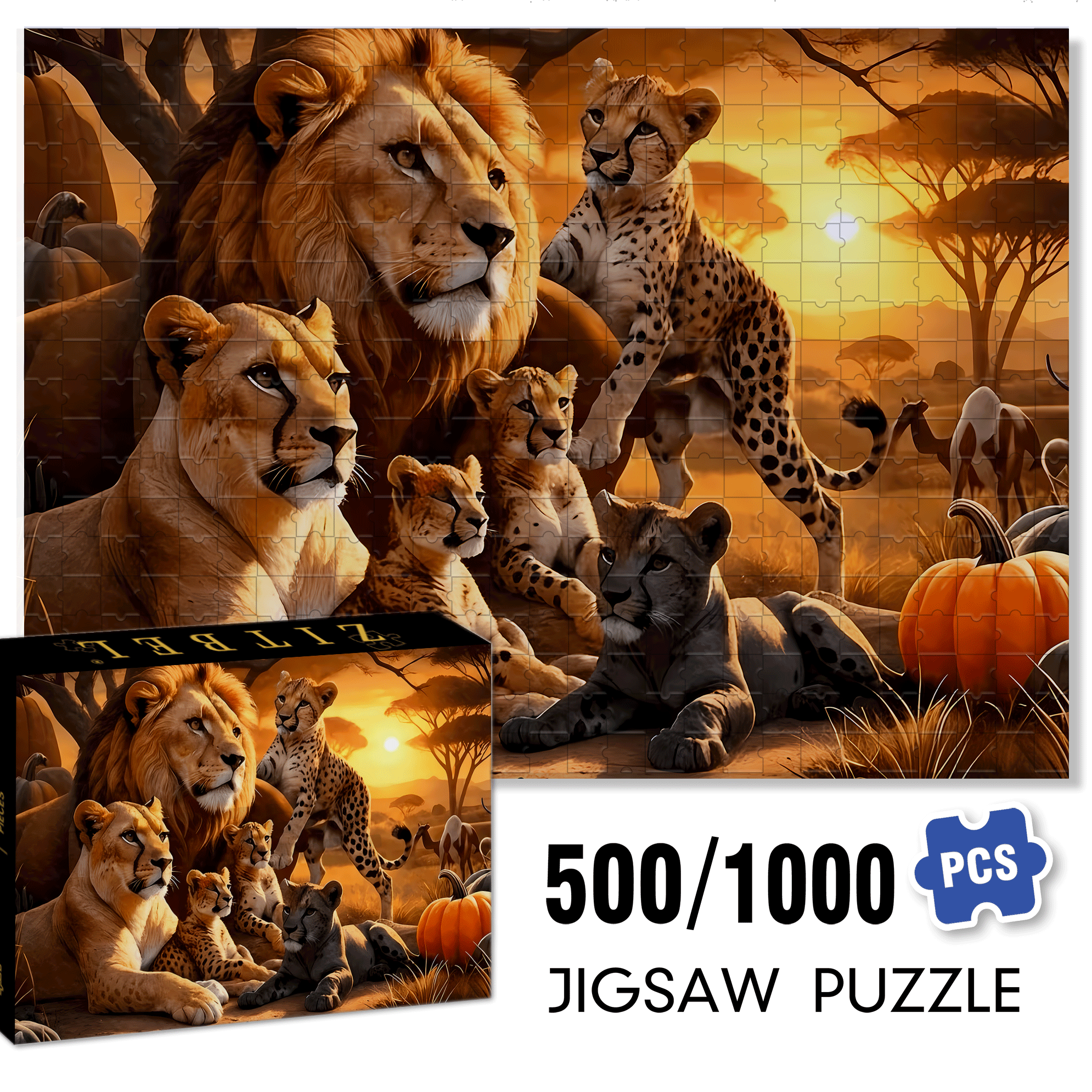 African Wildlife & Cheetah 500pcs/1000pcs Jigsaw Puzzle, Scratch-Resistant, Interactive Family Game & Brain-Boosting DIY Decor, Perfect for Halloween, Christmas & New Year Gifts, Family Puzzle Game