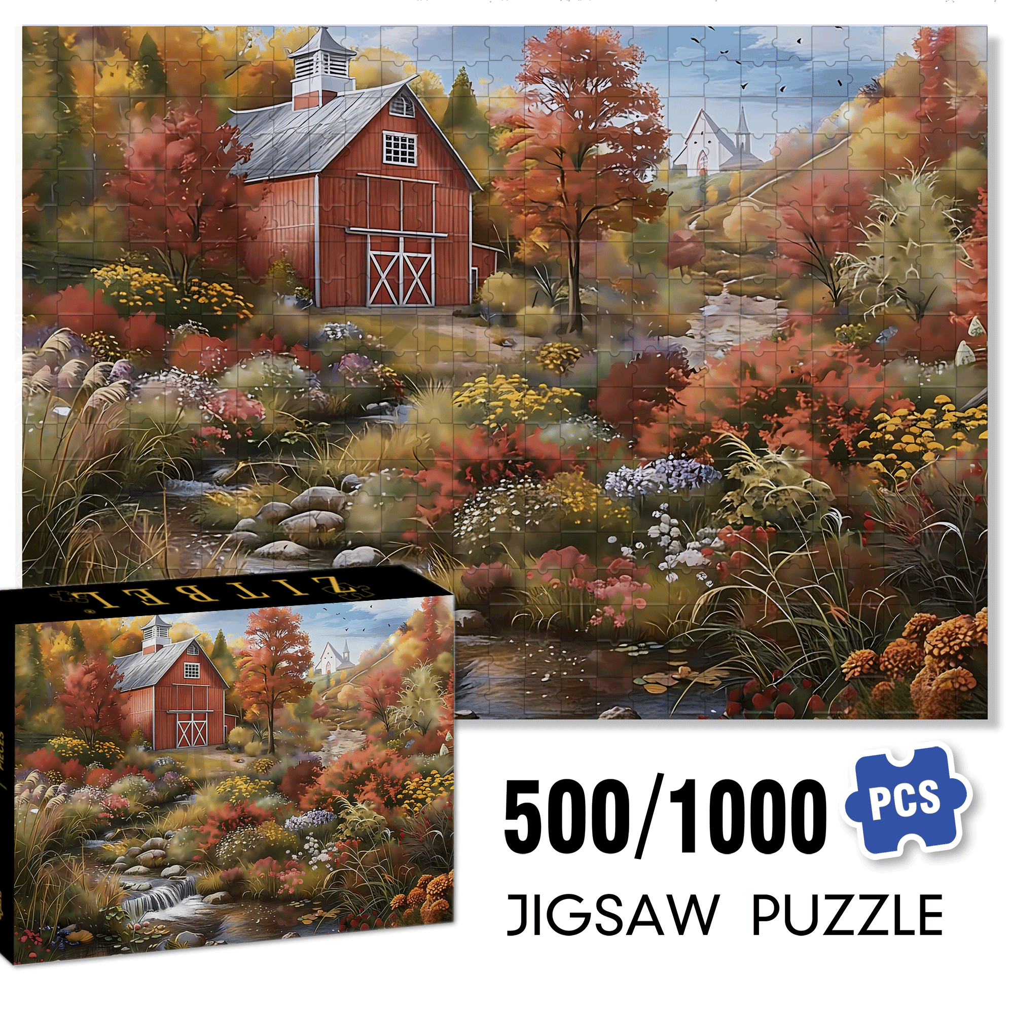 Autumn Creek Red Barn 500pcs/1000pcs Jigsaw Puzzle, Scratch-Resistant, Interactive Family Game & Brain-Boosting DIY Decor, Perfect for Halloween, Christmas & New Year Gifts, Family Puzzle Game