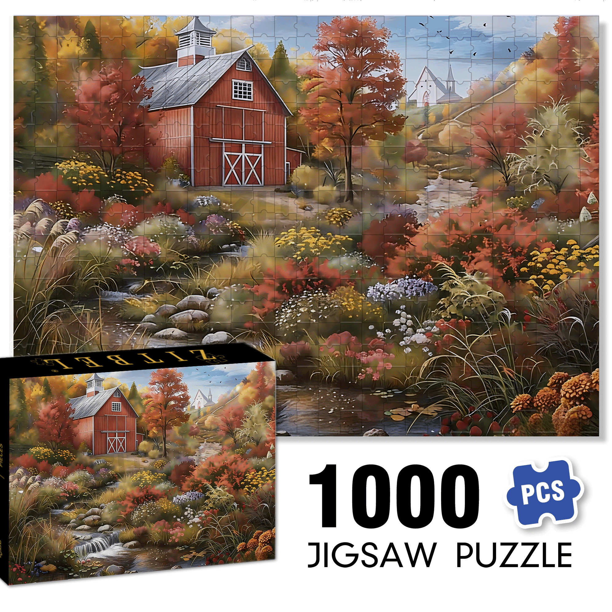 Autumn Creek Red Barn 500pcs/1000pcs Jigsaw Puzzle, Scratch-Resistant, Interactive Family Game & Brain-Boosting DIY Decor, Perfect for Halloween, Christmas & New Year Gifts, Family Puzzle Game