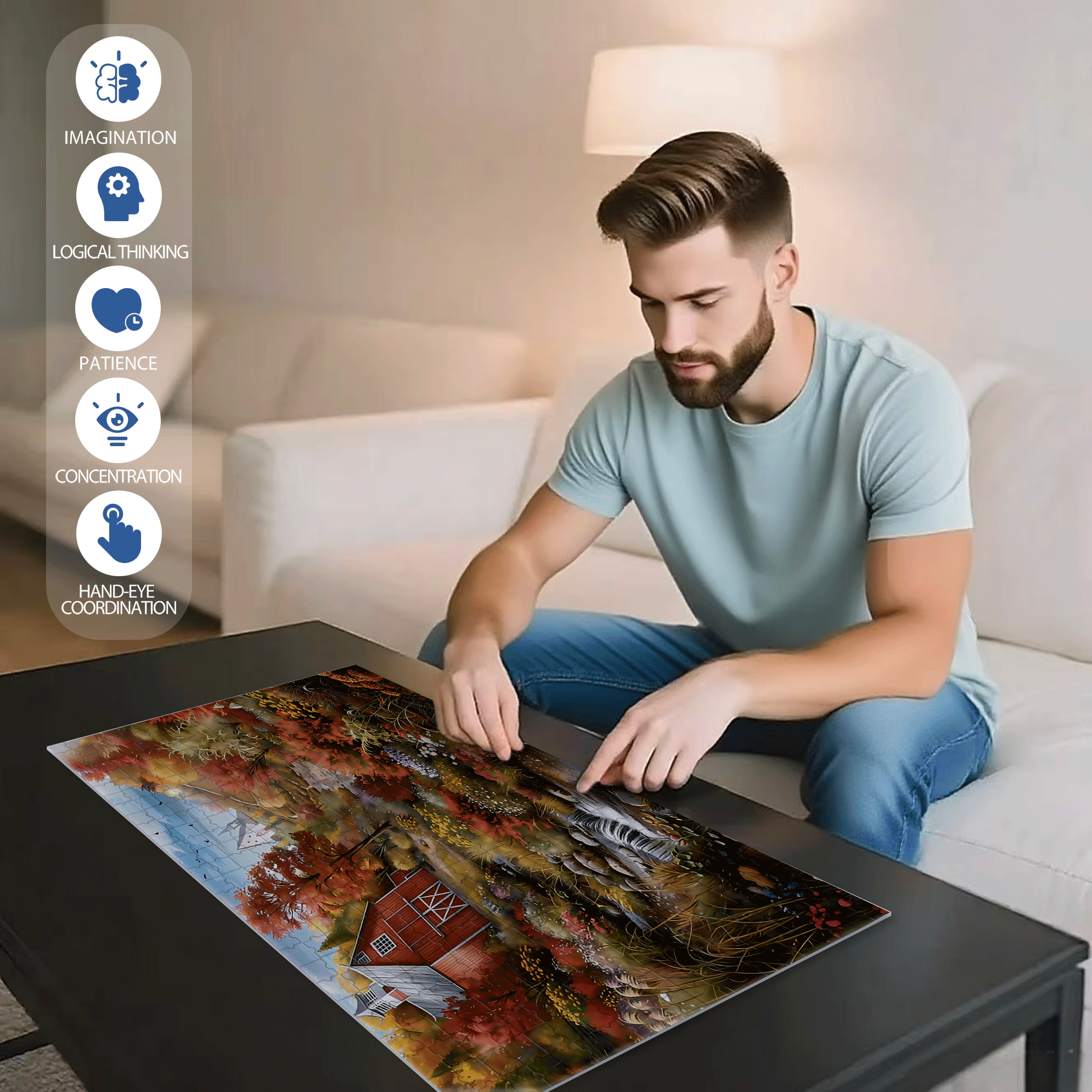 Autumn Creek Red Barn 500pcs/1000pcs Jigsaw Puzzle, Scratch-Resistant, Interactive Family Game & Brain-Boosting DIY Decor, Perfect for Halloween, Christmas & New Year Gifts, Family Puzzle Game