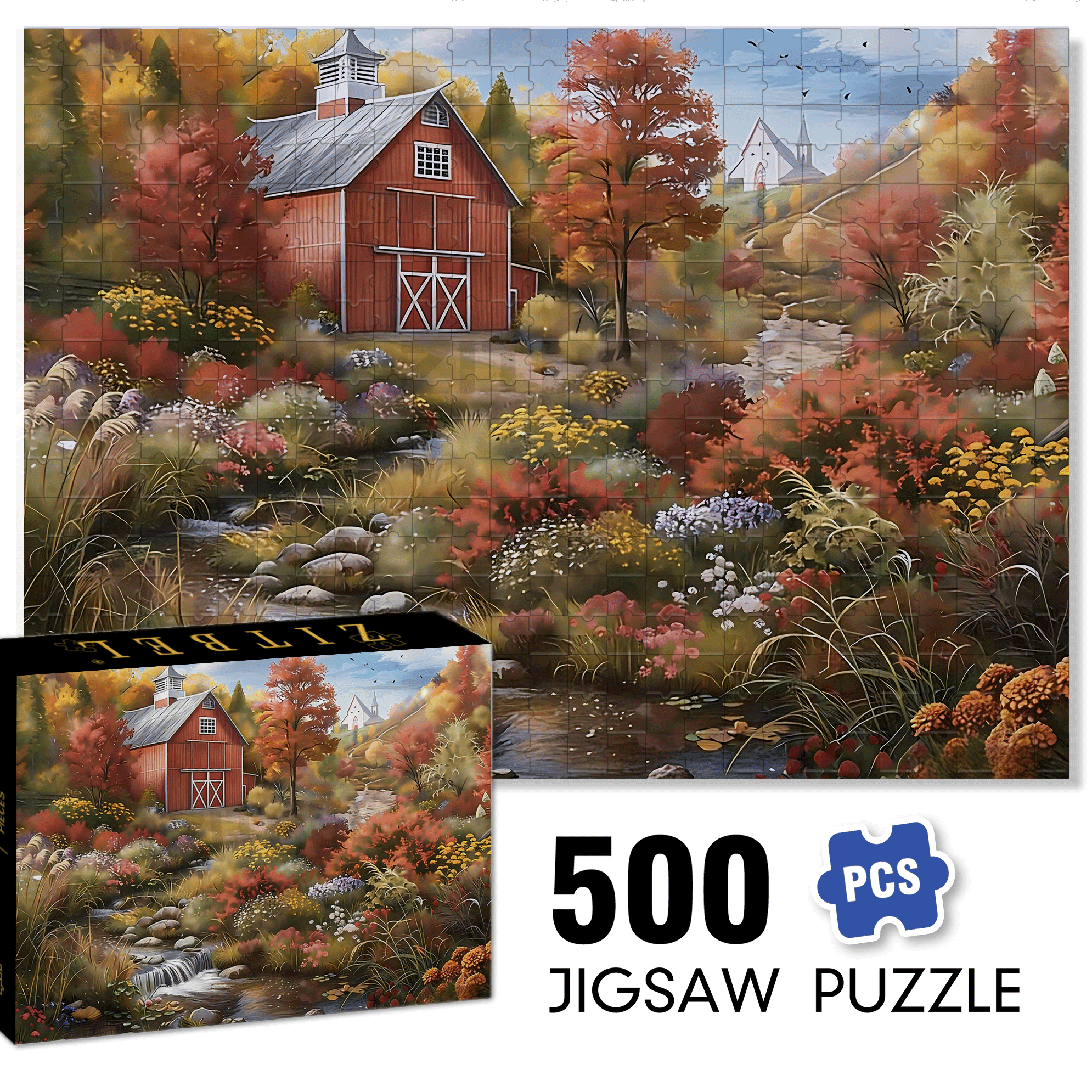 Autumn Creek Red Barn 500pcs/1000pcs Jigsaw Puzzle, Scratch-Resistant, Interactive Family Game & Brain-Boosting DIY Decor, Perfect for Halloween, Christmas & New Year Gifts, Family Puzzle Game
