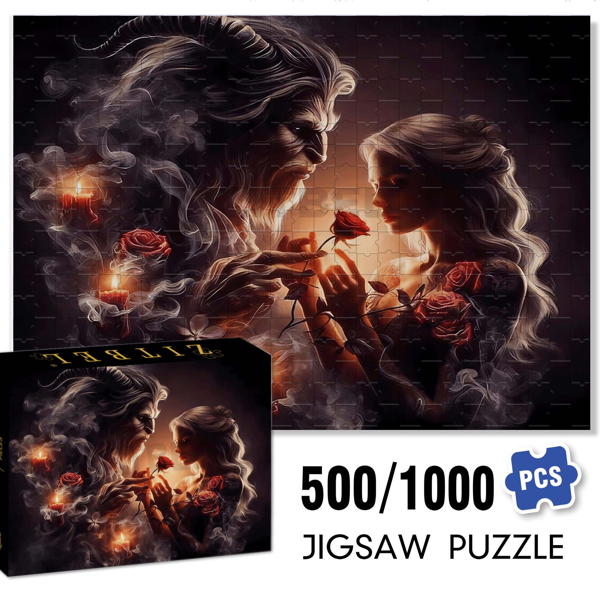 Beasts And Beauties with Rose 500pcs/1000pcs Jigsaw Puzzle, Scratch-Resistant, Interactive Family Game & Brain-Boosting DIY Decor, Perfect for Halloween, Christmas & New Year Gifts, Family Puzzle Game