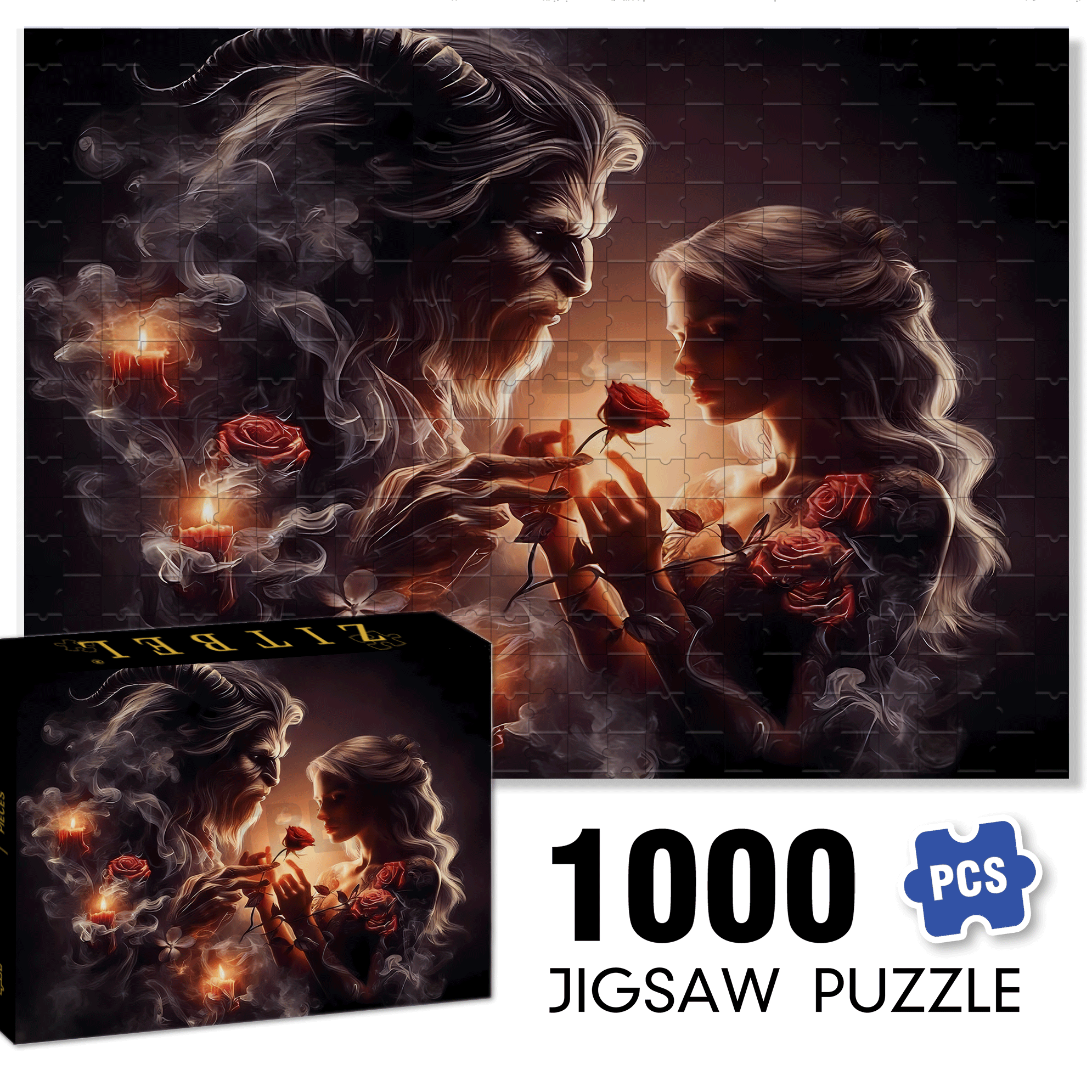 Beasts And Beauties with Rose 500pcs/1000pcs Jigsaw Puzzle, Scratch-Resistant, Interactive Family Game & Brain-Boosting DIY Decor, Perfect for Halloween, Christmas & New Year Gifts, Family Puzzle Game