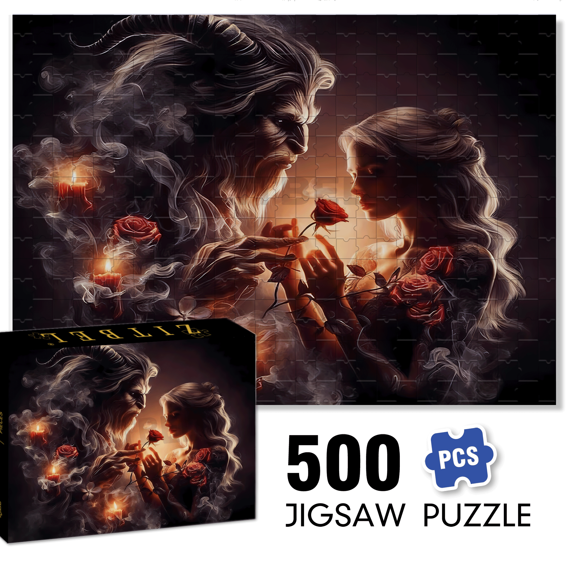 Beasts And Beauties with Rose 500pcs/1000pcs Jigsaw Puzzle, Scratch-Resistant, Interactive Family Game & Brain-Boosting DIY Decor, Perfect for Halloween, Christmas & New Year Gifts, Family Puzzle Game
