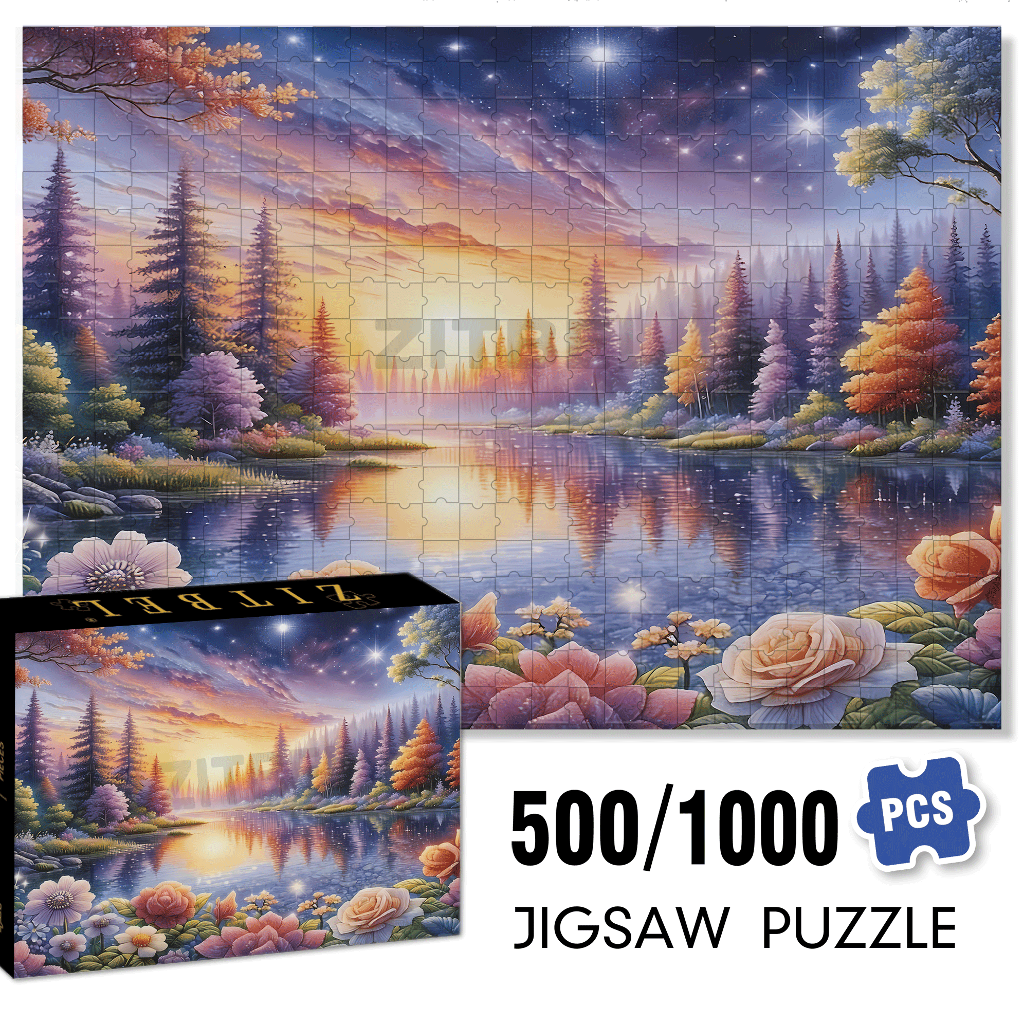 Blooming Flowers Reflect The Starry River 500pcs/1000pcs Jigsaw Puzzle, Scratch-Resistant, Interactive Family Game & Brain-Boosting DIY Decor, Perfect for Halloween, Christmas & New Year Gifts, Family Puzzle Game