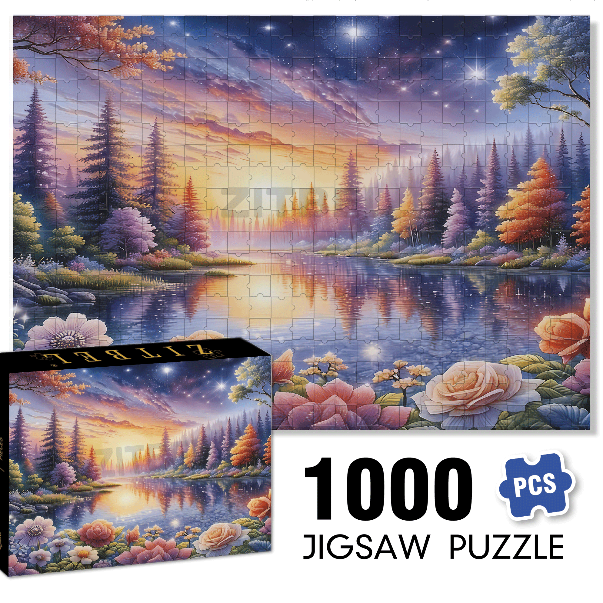 Blooming Flowers Reflect The Starry River 500pcs/1000pcs Jigsaw Puzzle, Scratch-Resistant, Interactive Family Game & Brain-Boosting DIY Decor, Perfect for Halloween, Christmas & New Year Gifts, Family Puzzle Game