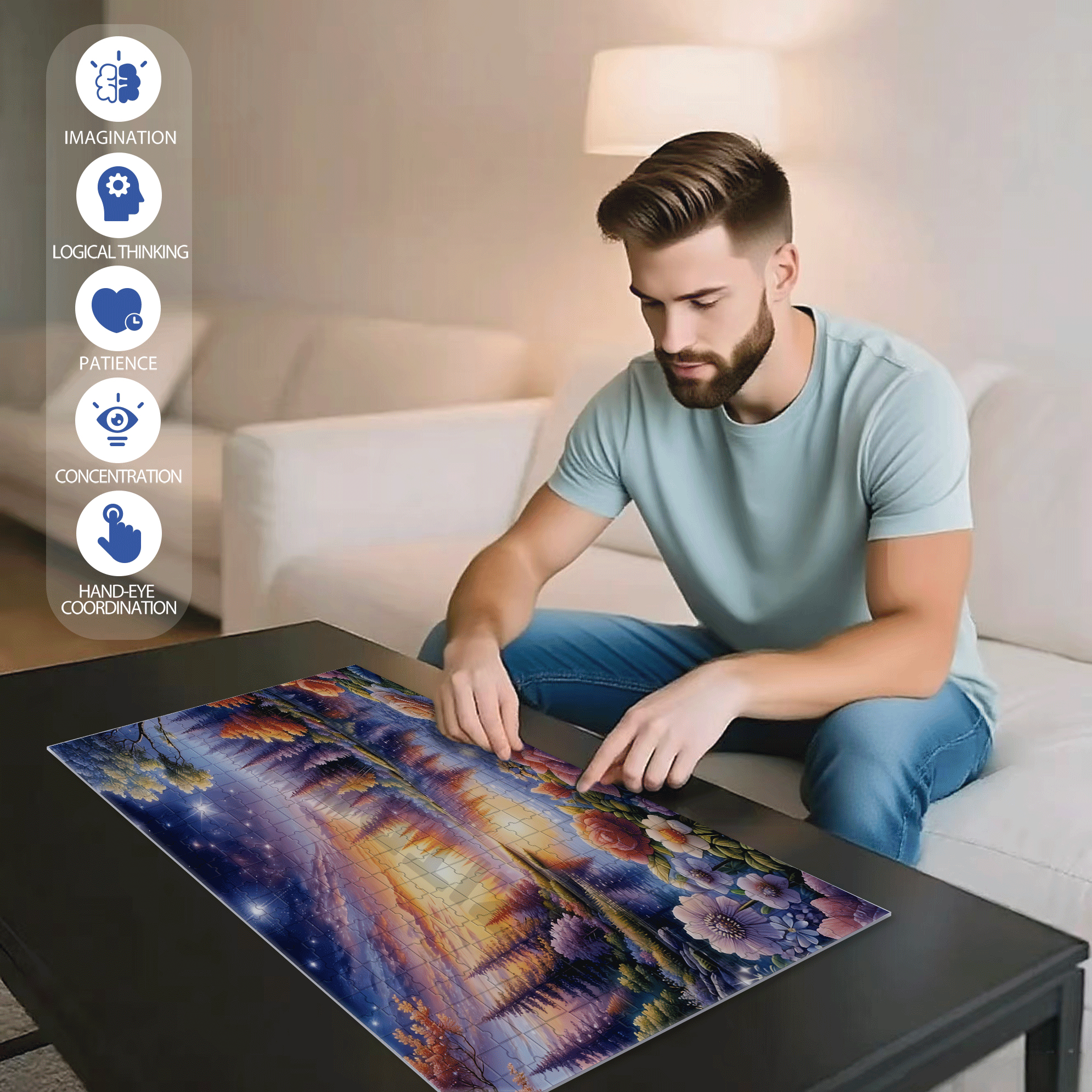 Blooming Flowers Reflect The Starry River 500pcs/1000pcs Jigsaw Puzzle, Scratch-Resistant, Interactive Family Game & Brain-Boosting DIY Decor, Perfect for Halloween, Christmas & New Year Gifts, Family Puzzle Game