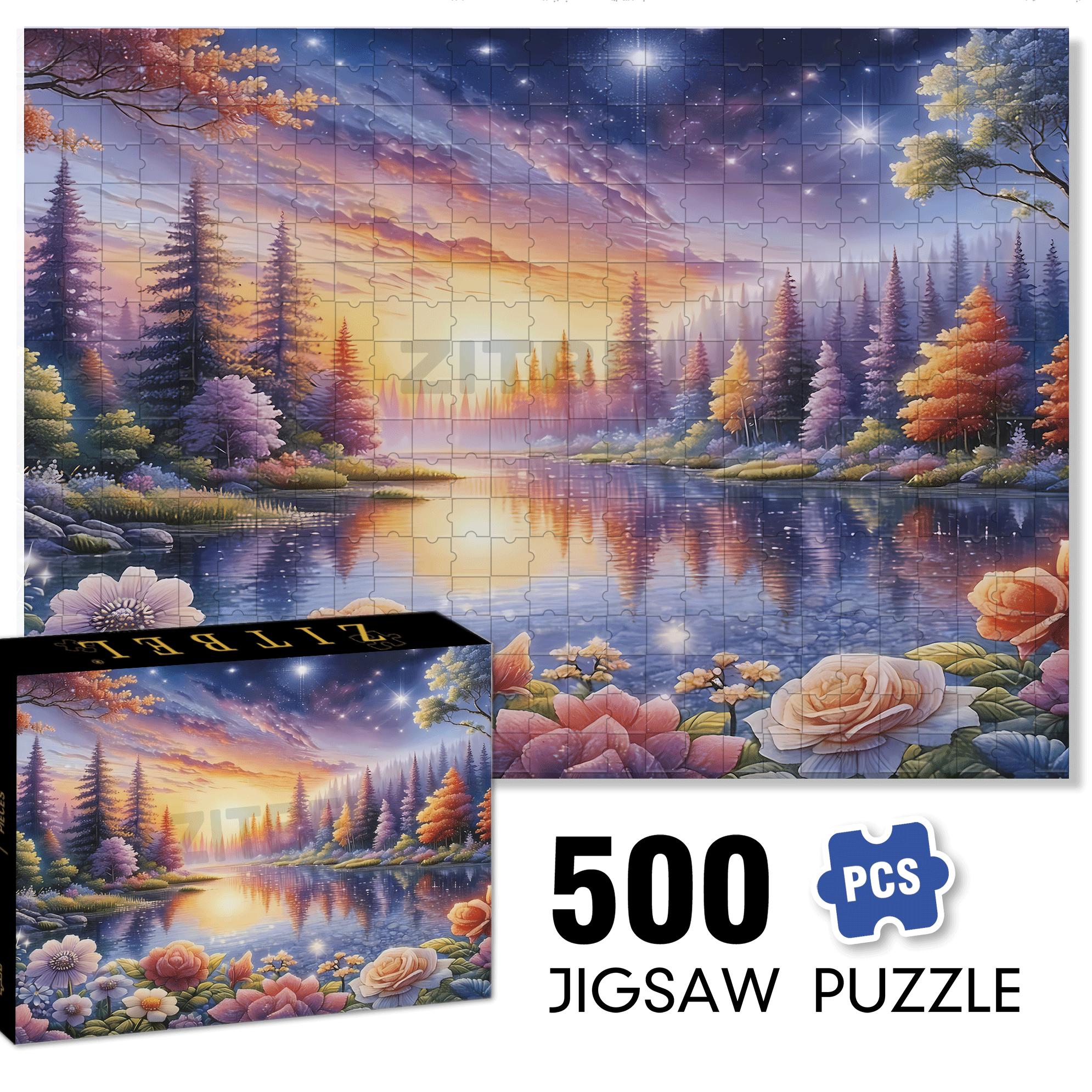 Blooming Flowers Reflect The Starry River 500pcs/1000pcs Jigsaw Puzzle, Scratch-Resistant, Interactive Family Game & Brain-Boosting DIY Decor, Perfect for Halloween, Christmas & New Year Gifts, Family Puzzle Game
