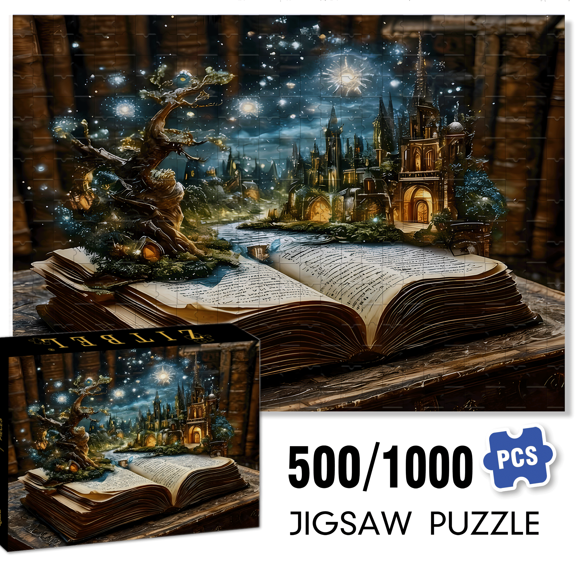 Book Page Fantasy City 500pcs/1000pcs Jigsaw Puzzle, Scratch-Resistant, Interactive Family Game & Brain-Boosting DIY Decor, Perfect for Halloween, Christmas & New Year Gifts, Family Puzzle Game