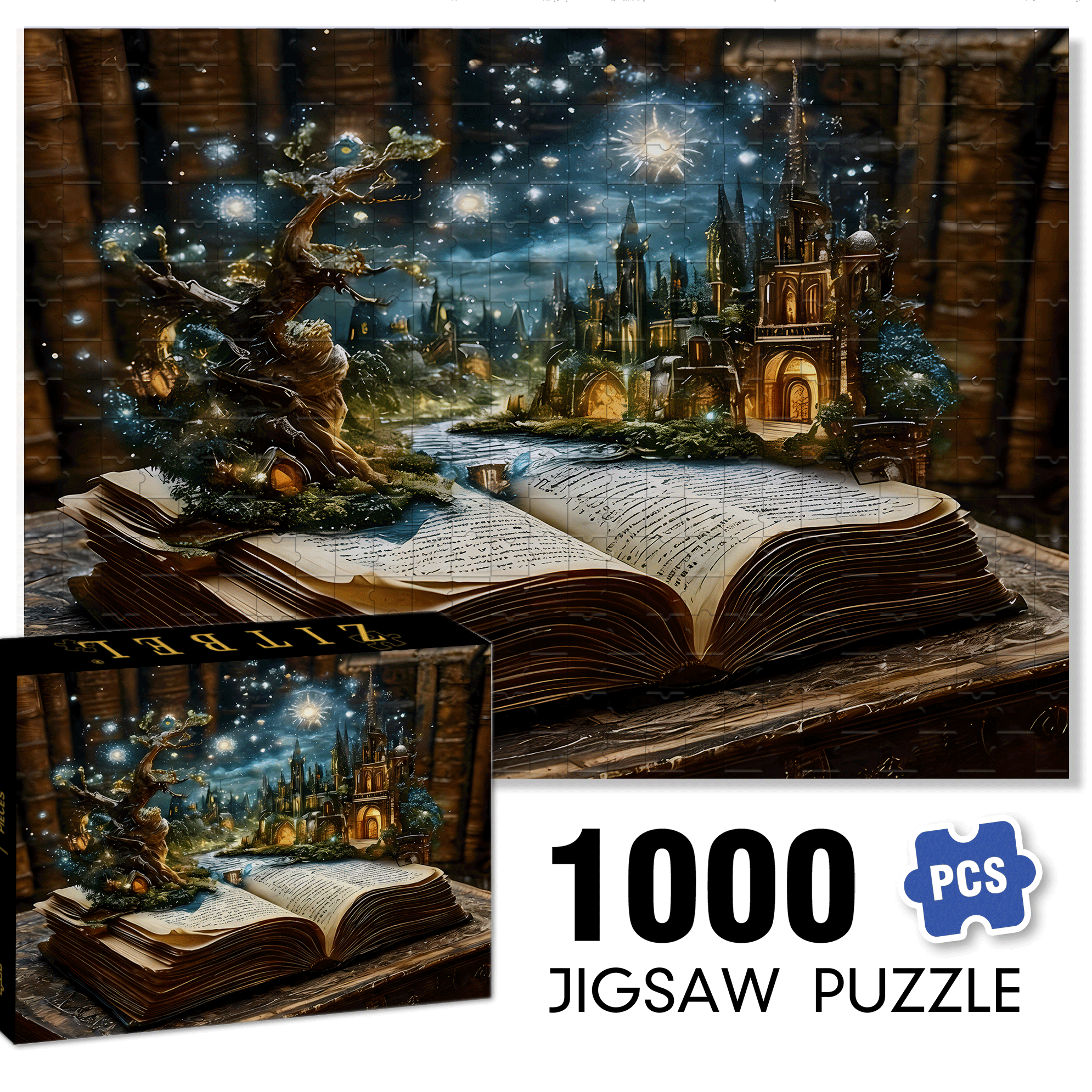Book Page Fantasy City 500pcs/1000pcs Jigsaw Puzzle, Scratch-Resistant, Interactive Family Game & Brain-Boosting DIY Decor, Perfect for Halloween, Christmas & New Year Gifts, Family Puzzle Game