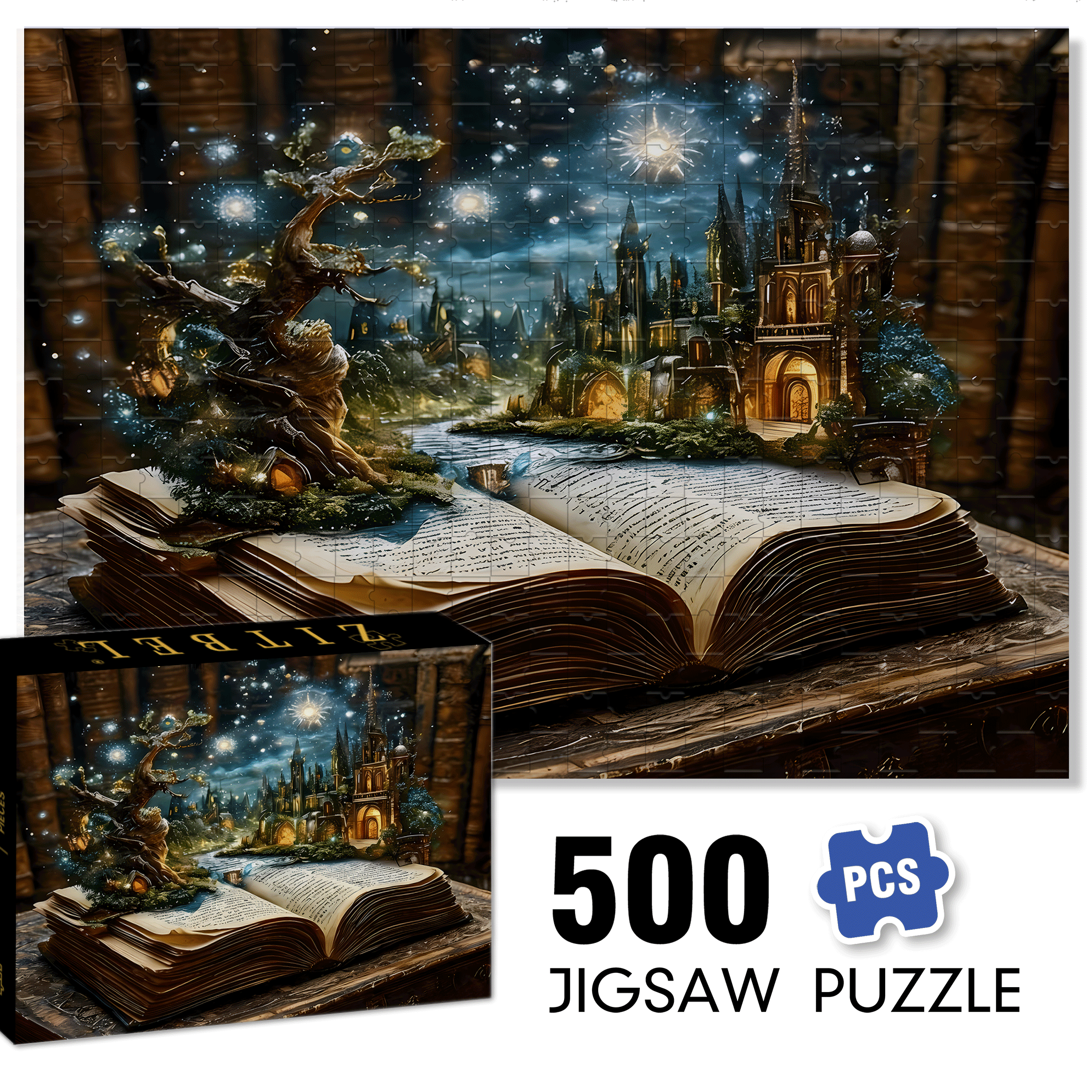 Book Page Fantasy City 500pcs/1000pcs Jigsaw Puzzle, Scratch-Resistant, Interactive Family Game & Brain-Boosting DIY Decor, Perfect for Halloween, Christmas & New Year Gifts, Family Puzzle Game