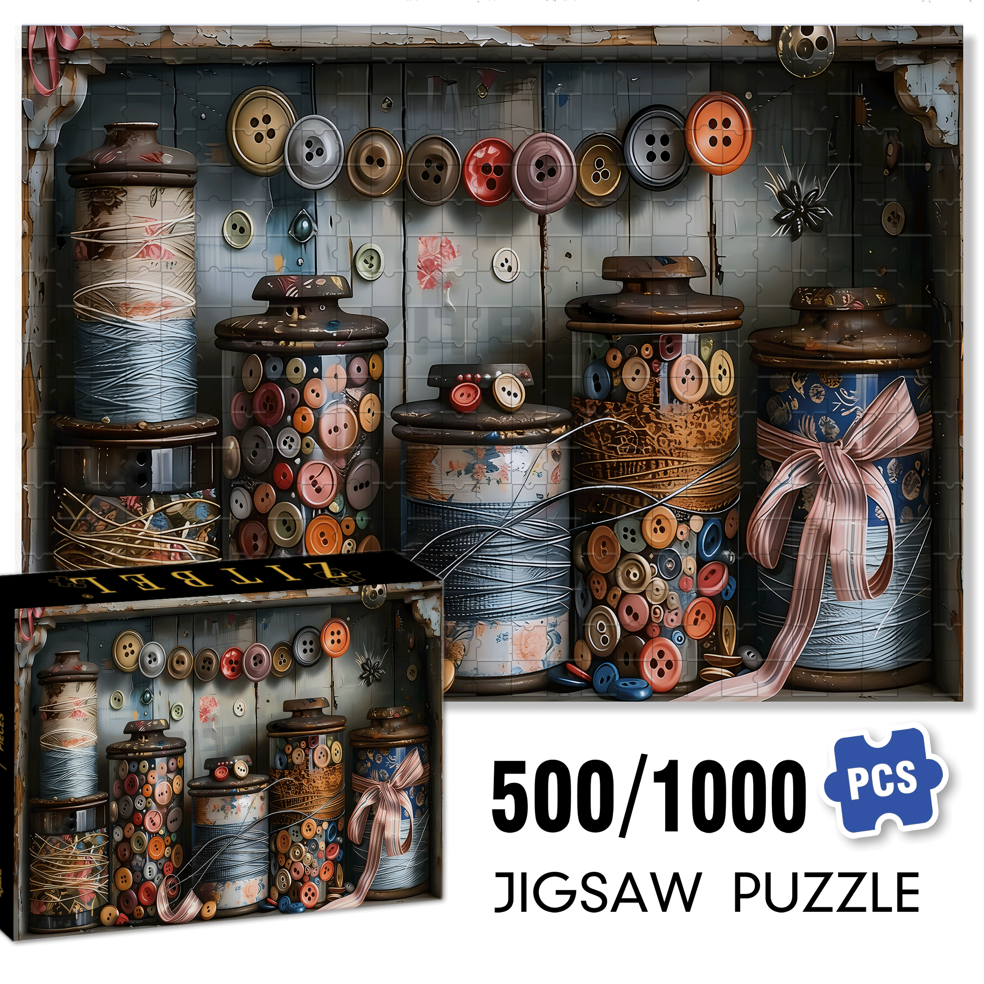 Button And Jar 500pcs/1000pcs Jigsaw Puzzle, Scratch-Resistant, Interactive Family Game & Brain-Boosting DIY Decor, Perfect for Halloween, Christmas & New Year Gifts, Family Puzzle Game
