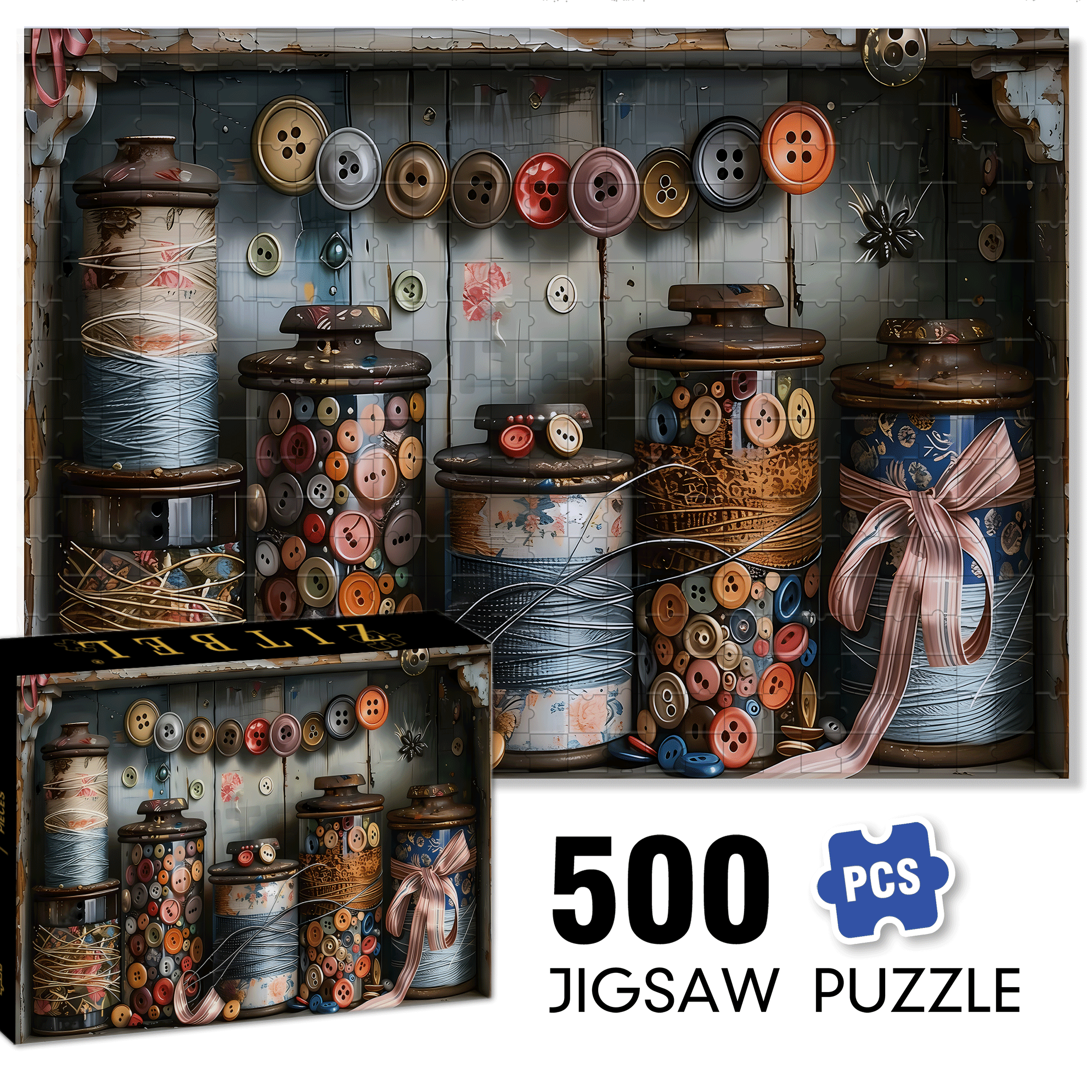 Button And Jar 500pcs/1000pcs Jigsaw Puzzle, Scratch-Resistant, Interactive Family Game & Brain-Boosting DIY Decor, Perfect for Halloween, Christmas & New Year Gifts, Family Puzzle Game