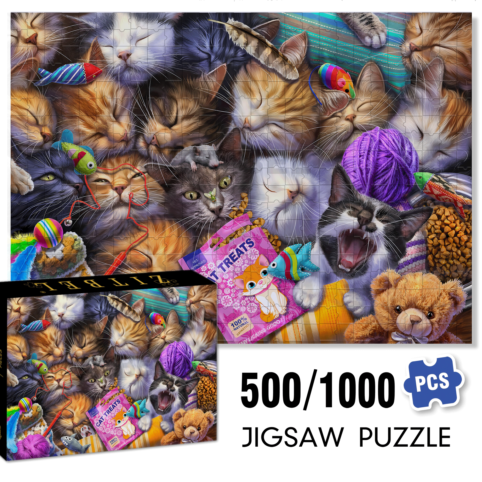 Cat Treats 500pcs/1000pcs Jigsaw Puzzle, Scratch-Resistant, Interactive Family Game & Brain-Boosting DIY Decor, Perfect for Halloween, Christmas & New Year Gifts, Family Puzzle Game