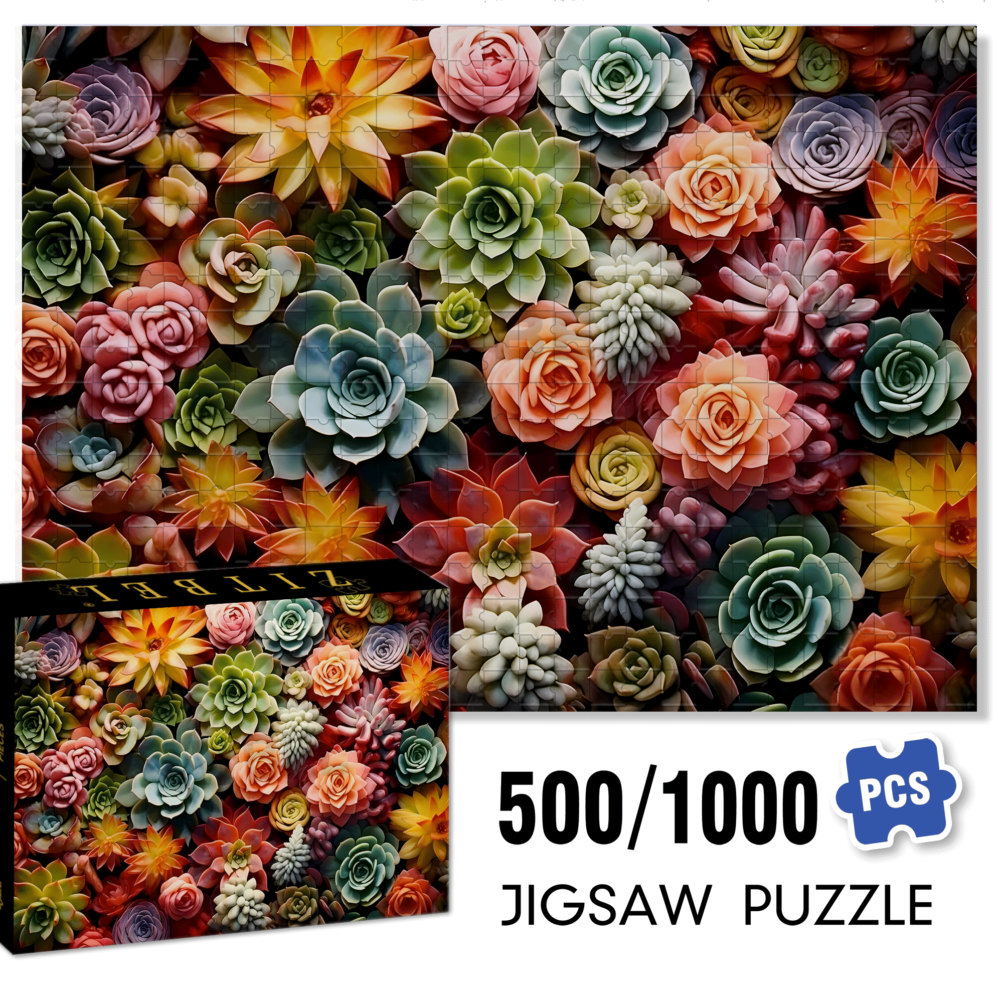 Colorful Succulent Plants 500pcs/1000pcs Jigsaw Puzzle, Scratch-Resistant, Interactive Family Game & Brain-Boosting DIY Decor, Perfect for Halloween, Christmas & New Year Gifts, Family Puzzle Game