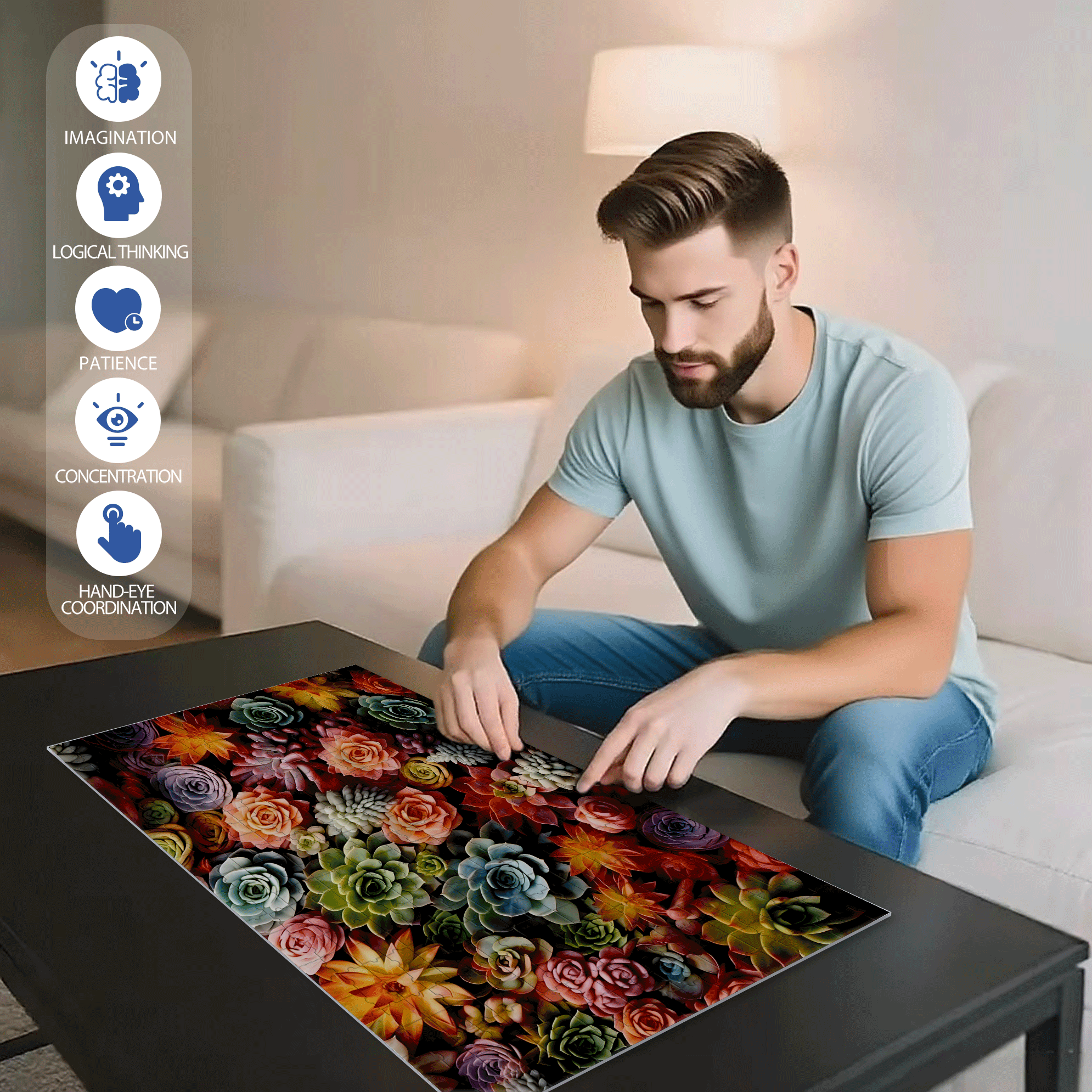 Colorful Succulent Plants 500pcs/1000pcs Jigsaw Puzzle, Scratch-Resistant, Interactive Family Game & Brain-Boosting DIY Decor, Perfect for Halloween, Christmas & New Year Gifts, Family Puzzle Game