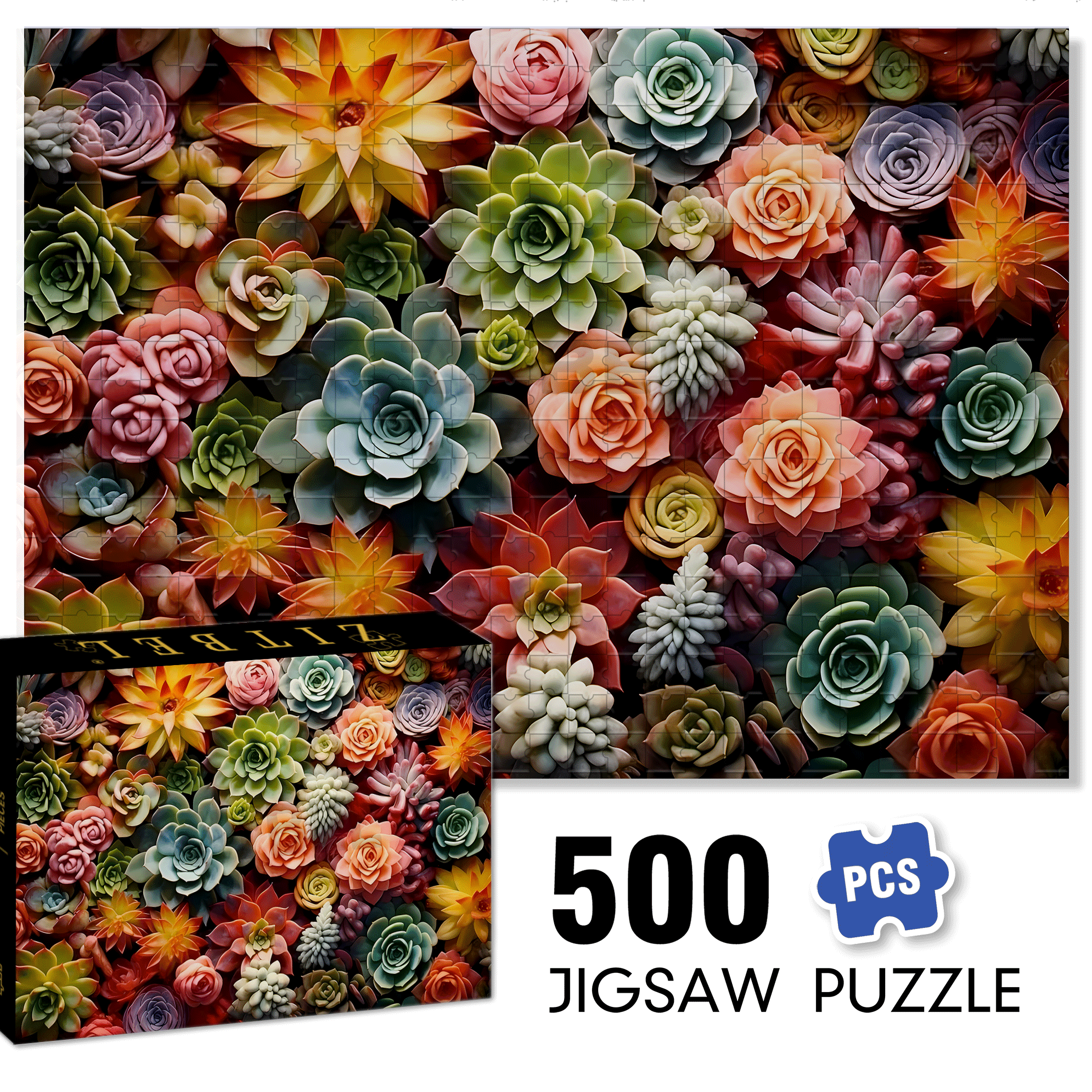 Colorful Succulent Plants 500pcs/1000pcs Jigsaw Puzzle, Scratch-Resistant, Interactive Family Game & Brain-Boosting DIY Decor, Perfect for Halloween, Christmas & New Year Gifts, Family Puzzle Game