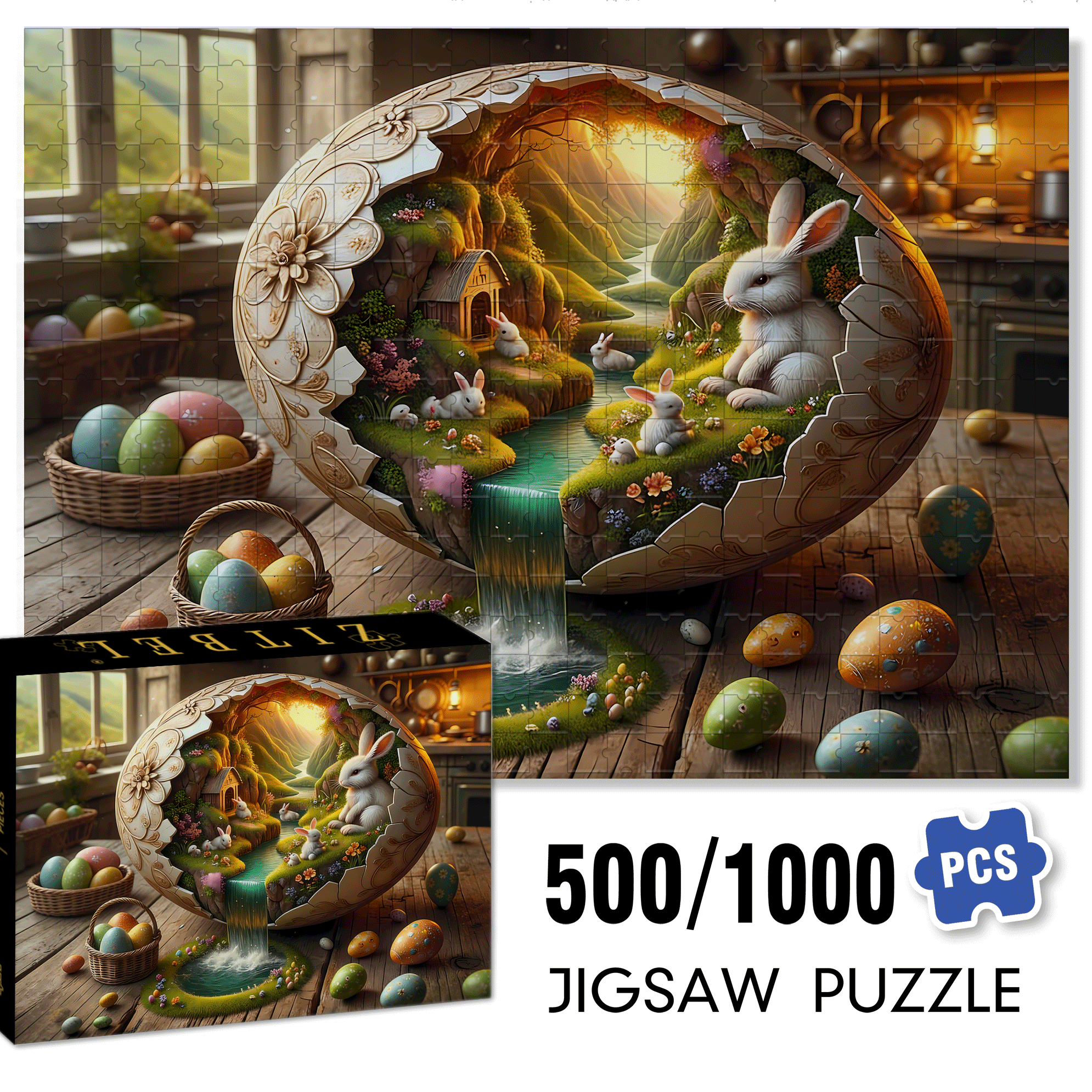 Easter Bunny Paradise 500pcs/1000pcs Jigsaw Puzzle, Scratch-Resistant, Interactive Family Game & Brain-Boosting DIY Decor, Perfect for Halloween, Christmas & New Year Gifts, Family Puzzle Game