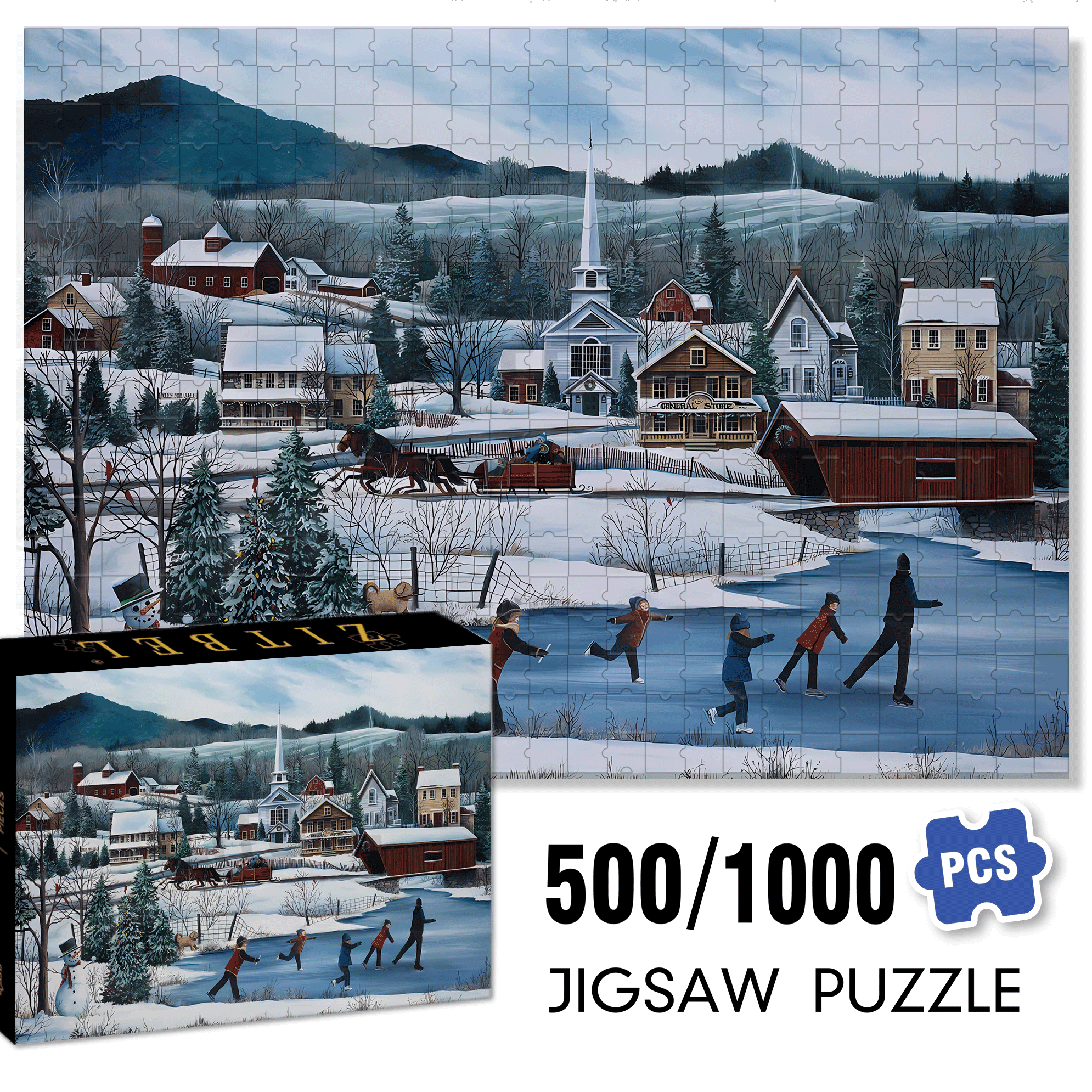 Winter Village Skating 500pcs/1000pcs Jigsaw Puzzle, Scratch-Resistant, Interactive Family Game & Brain-Boosting DIY Decor, Perfect for Halloween, Christmas & New Year Gifts, Family Puzzle Game