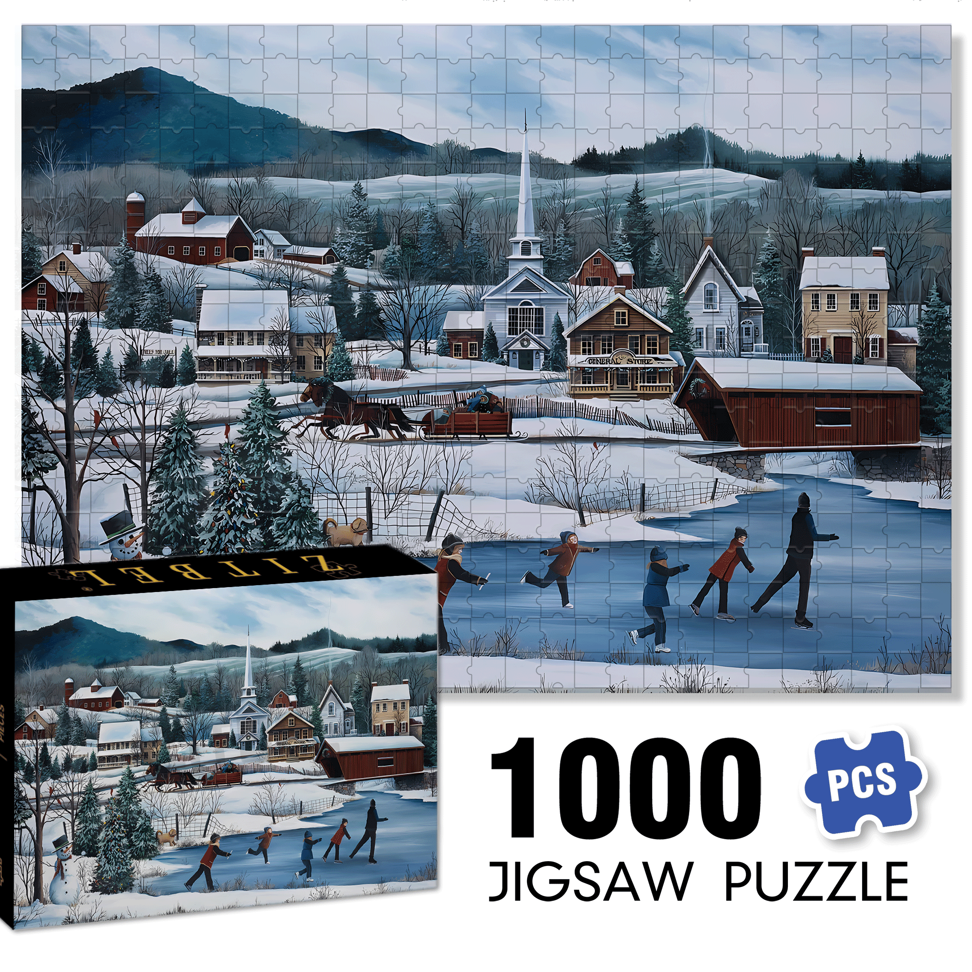 Winter Village Skating 500pcs/1000pcs Jigsaw Puzzle, Scratch-Resistant, Interactive Family Game & Brain-Boosting DIY Decor, Perfect for Halloween, Christmas & New Year Gifts, Family Puzzle Game