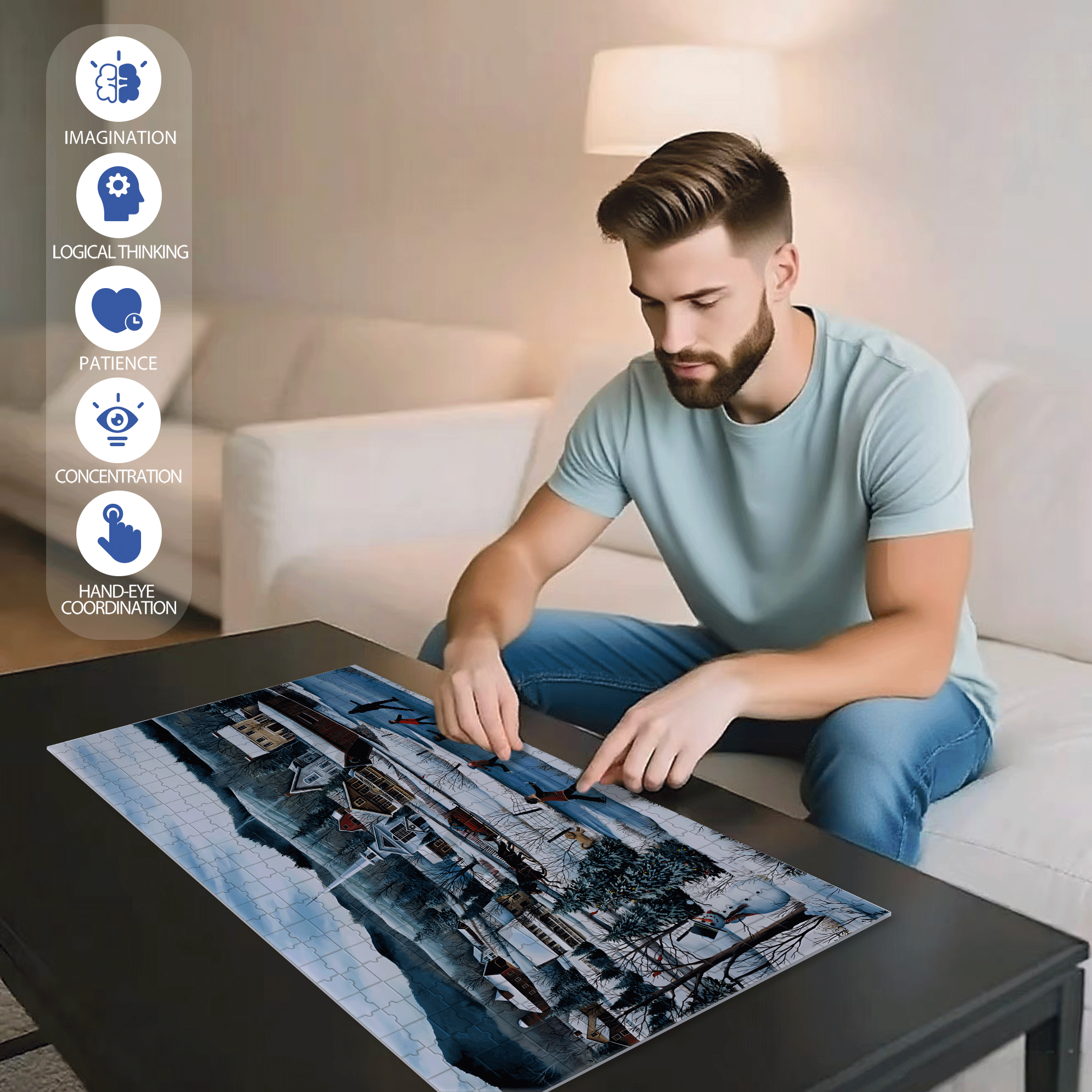 Winter Village Skating 500pcs/1000pcs Jigsaw Puzzle, Scratch-Resistant, Interactive Family Game & Brain-Boosting DIY Decor, Perfect for Halloween, Christmas & New Year Gifts, Family Puzzle Game