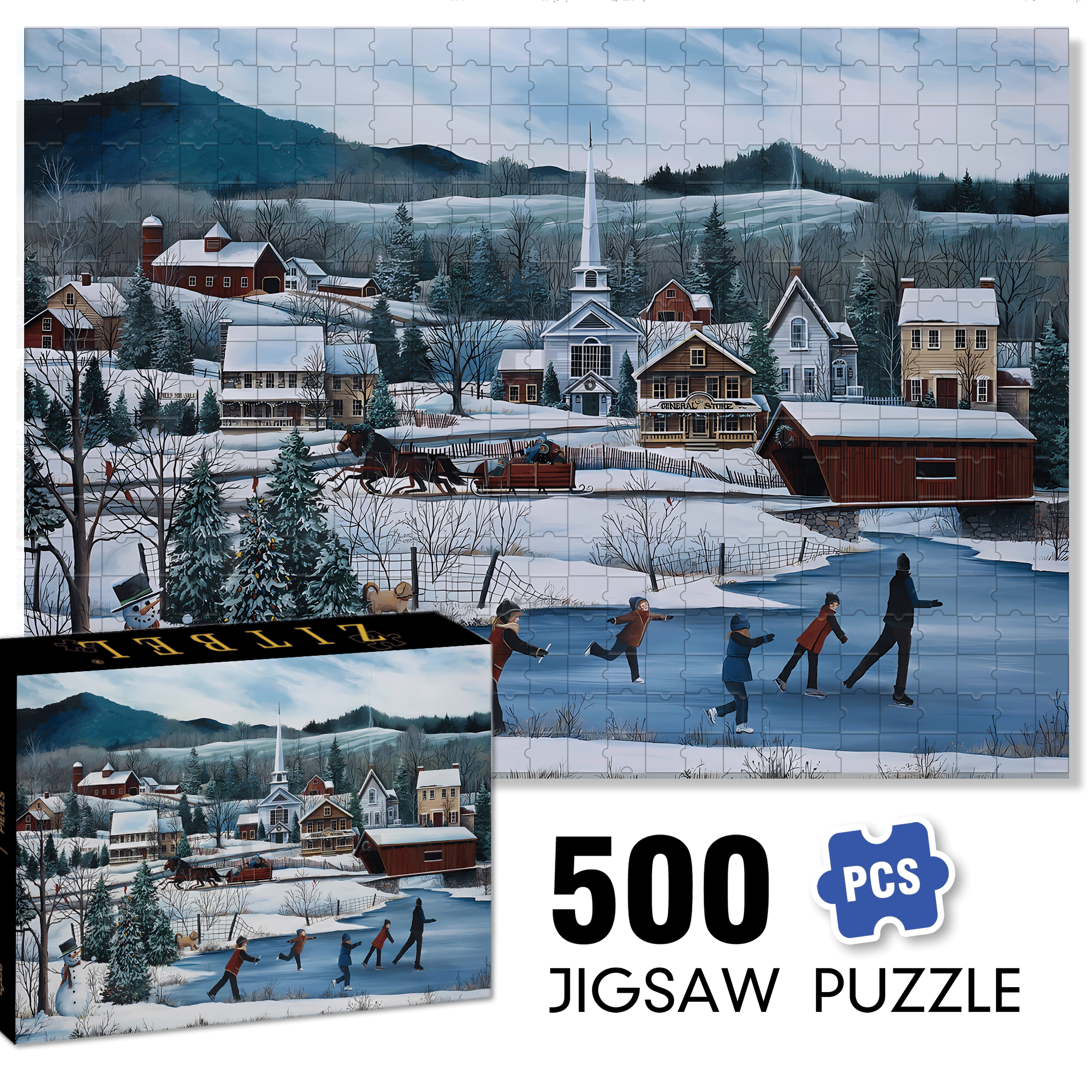 Winter Village Skating 500pcs/1000pcs Jigsaw Puzzle, Scratch-Resistant, Interactive Family Game & Brain-Boosting DIY Decor, Perfect for Halloween, Christmas & New Year Gifts, Family Puzzle Game