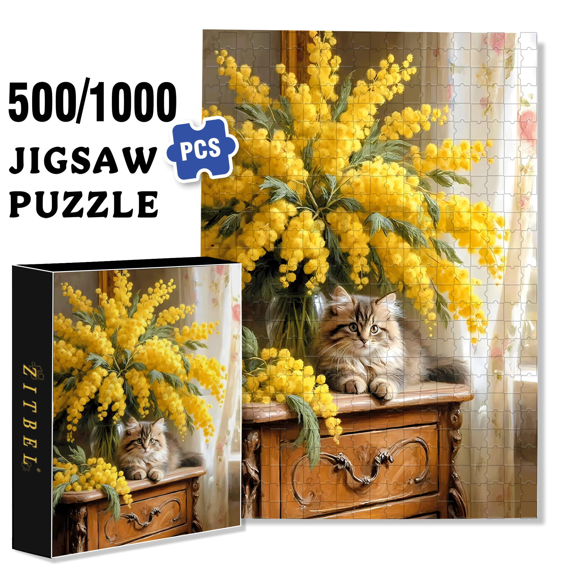 Acacia & Cat 500pcs/1000pcs Jigsaw Puzzle, Scratch-Resistant, Interactive Family Game & Brain-Boosting DIY Decor, Perfect for Halloween, Christmas & New Year Gifts, Family Puzzle Game