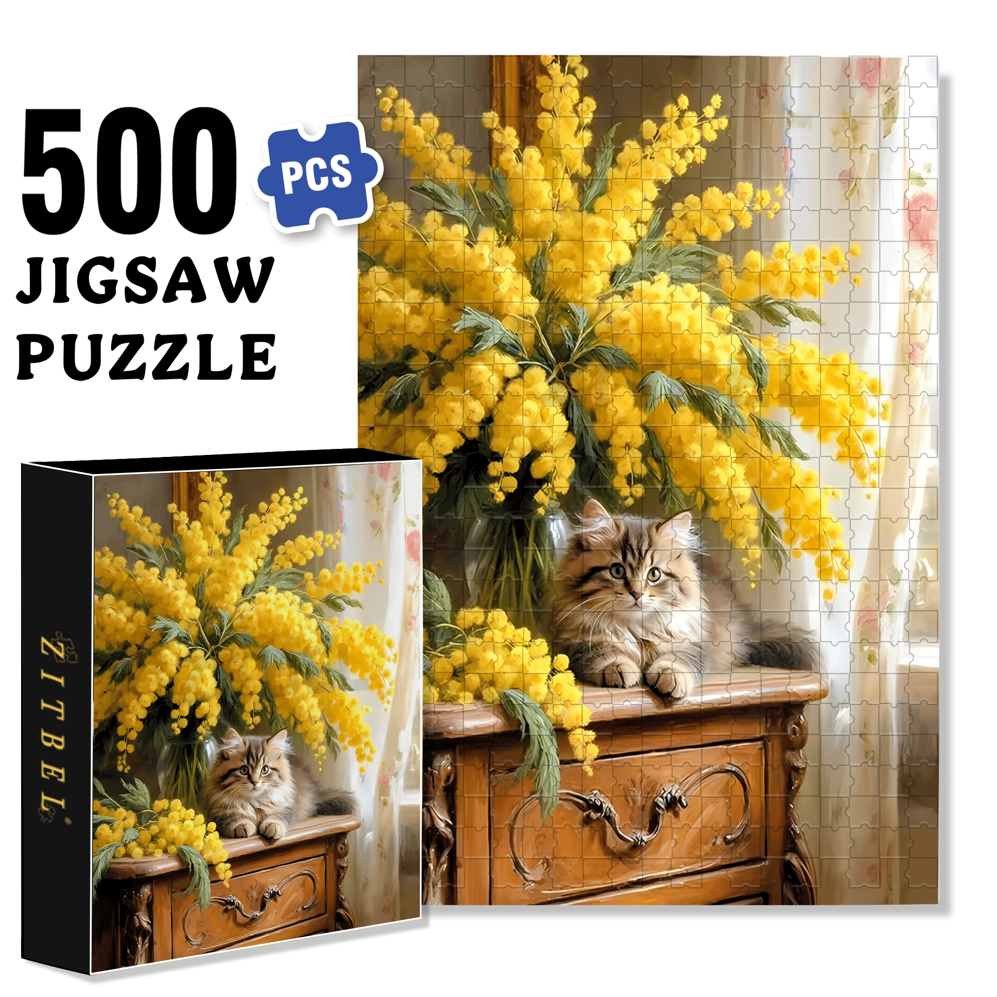 Acacia & Cat 500pcs/1000pcs Jigsaw Puzzle, Scratch-Resistant, Interactive Family Game & Brain-Boosting DIY Decor, Perfect for Halloween, Christmas & New Year Gifts, Family Puzzle Game