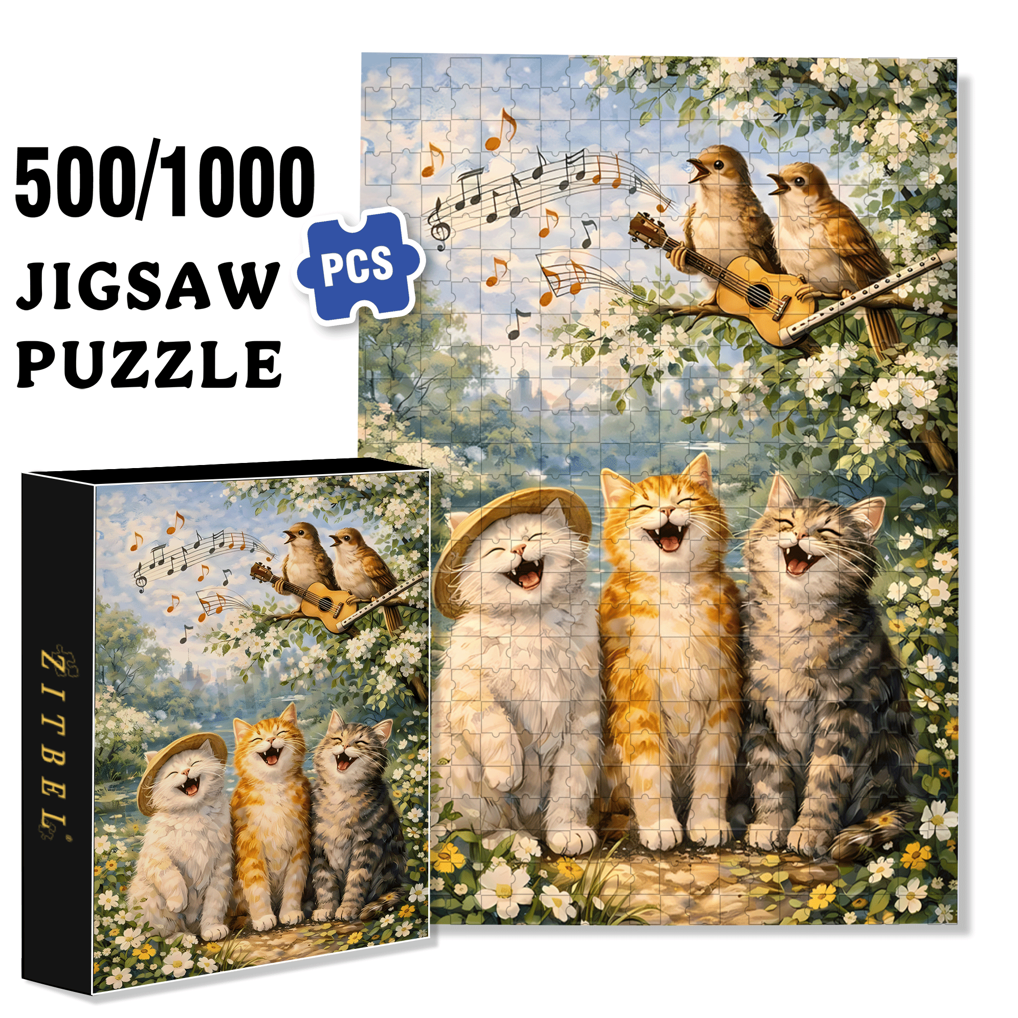 Cat Choir 500pcs/1000pcs Jigsaw Puzzle, Scratch-Resistant, Interactive Family Game & Brain-Boosting DIY Decor, Perfect for Halloween, Christmas & New Year Gifts, Family Puzzle Game