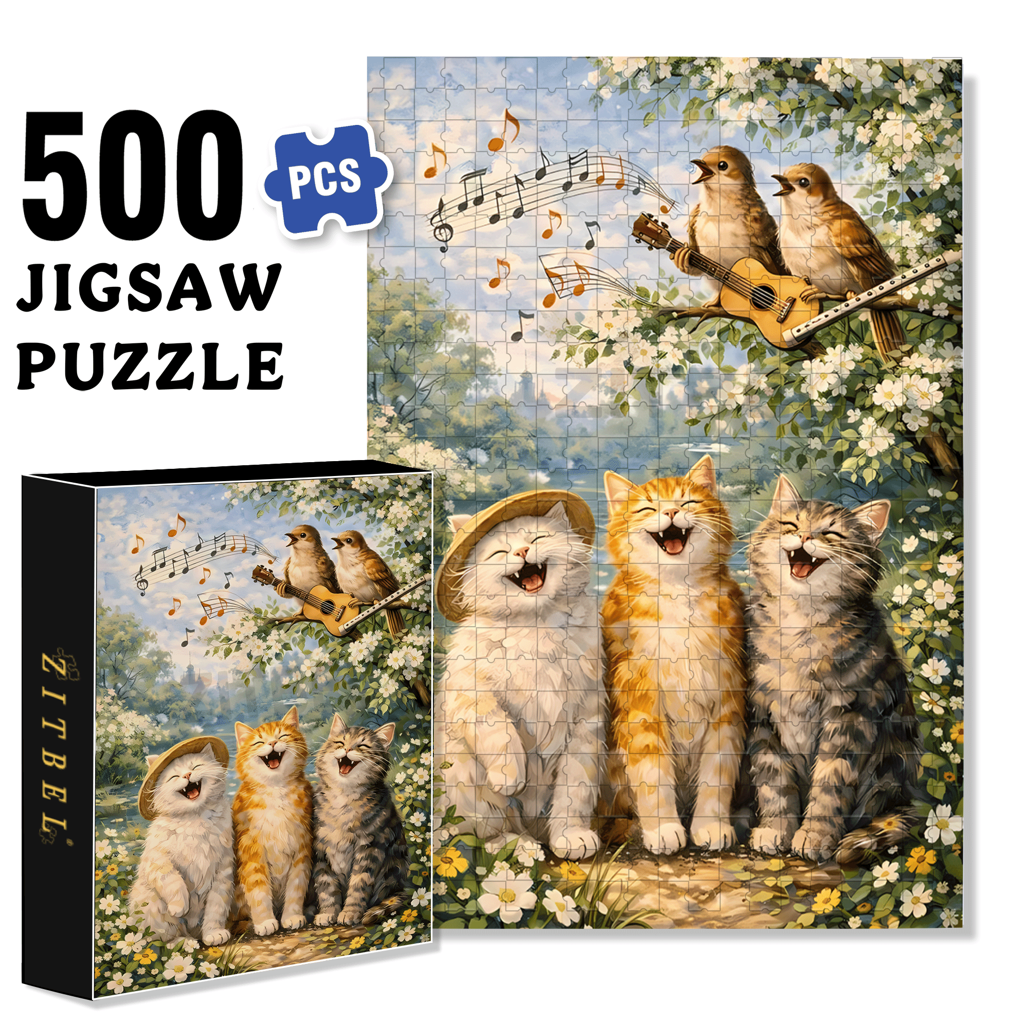 Cat Choir 500pcs/1000pcs Jigsaw Puzzle, Scratch-Resistant, Interactive Family Game & Brain-Boosting DIY Decor, Perfect for Halloween, Christmas & New Year Gifts, Family Puzzle Game