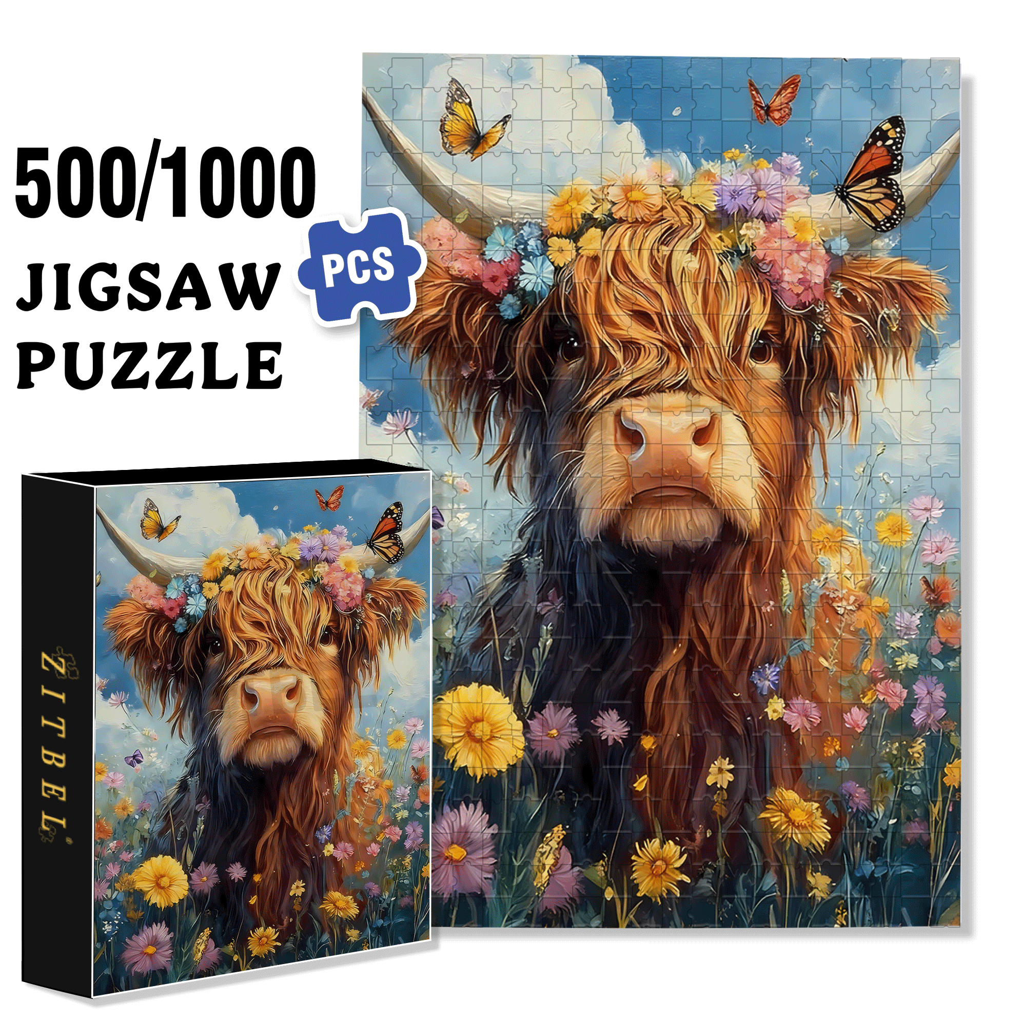 Garland Highland Cattle 500pcs/1000pcs Jigsaw Puzzle, Scratch-Resistant, Interactive Family Game & Brain-Boosting DIY Decor, Perfect for Halloween, Christmas & New Year Gifts, Family Puzzle Game