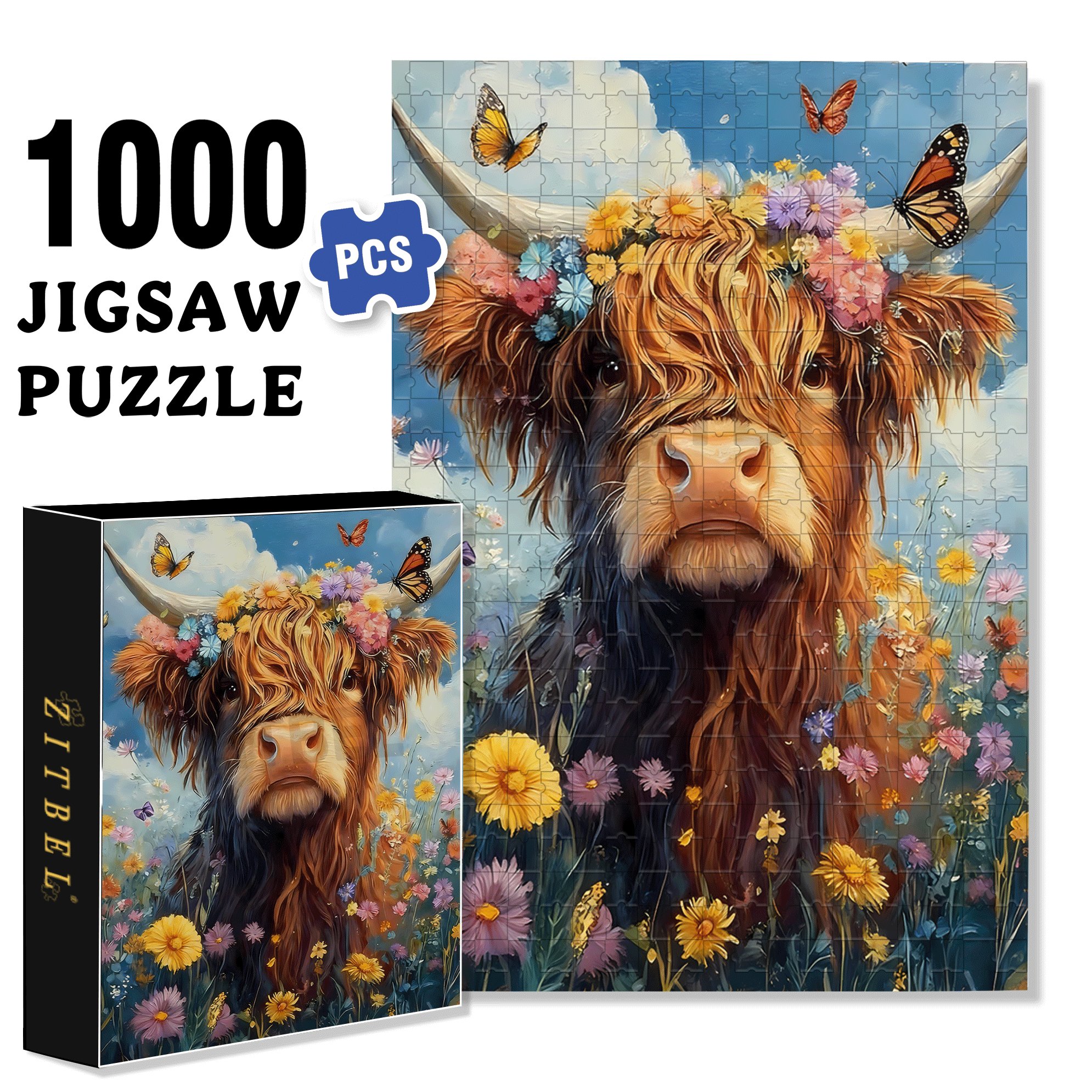 Garland Highland Cattle 500pcs/1000pcs Jigsaw Puzzle, Scratch-Resistant, Interactive Family Game & Brain-Boosting DIY Decor, Perfect for Halloween, Christmas & New Year Gifts, Family Puzzle Game