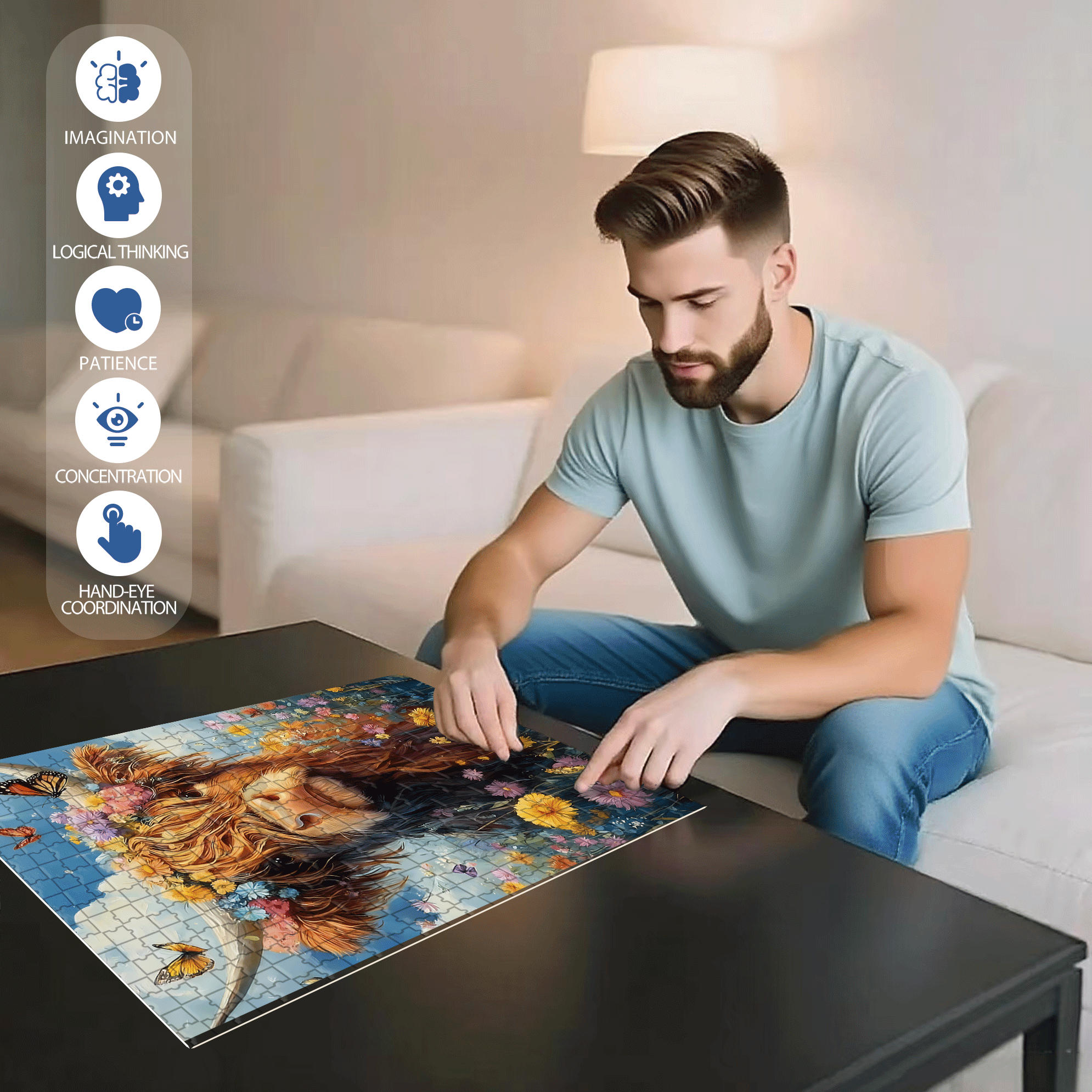 Garland Highland Cattle 500pcs/1000pcs Jigsaw Puzzle, Scratch-Resistant, Interactive Family Game & Brain-Boosting DIY Decor, Perfect for Halloween, Christmas & New Year Gifts, Family Puzzle Game