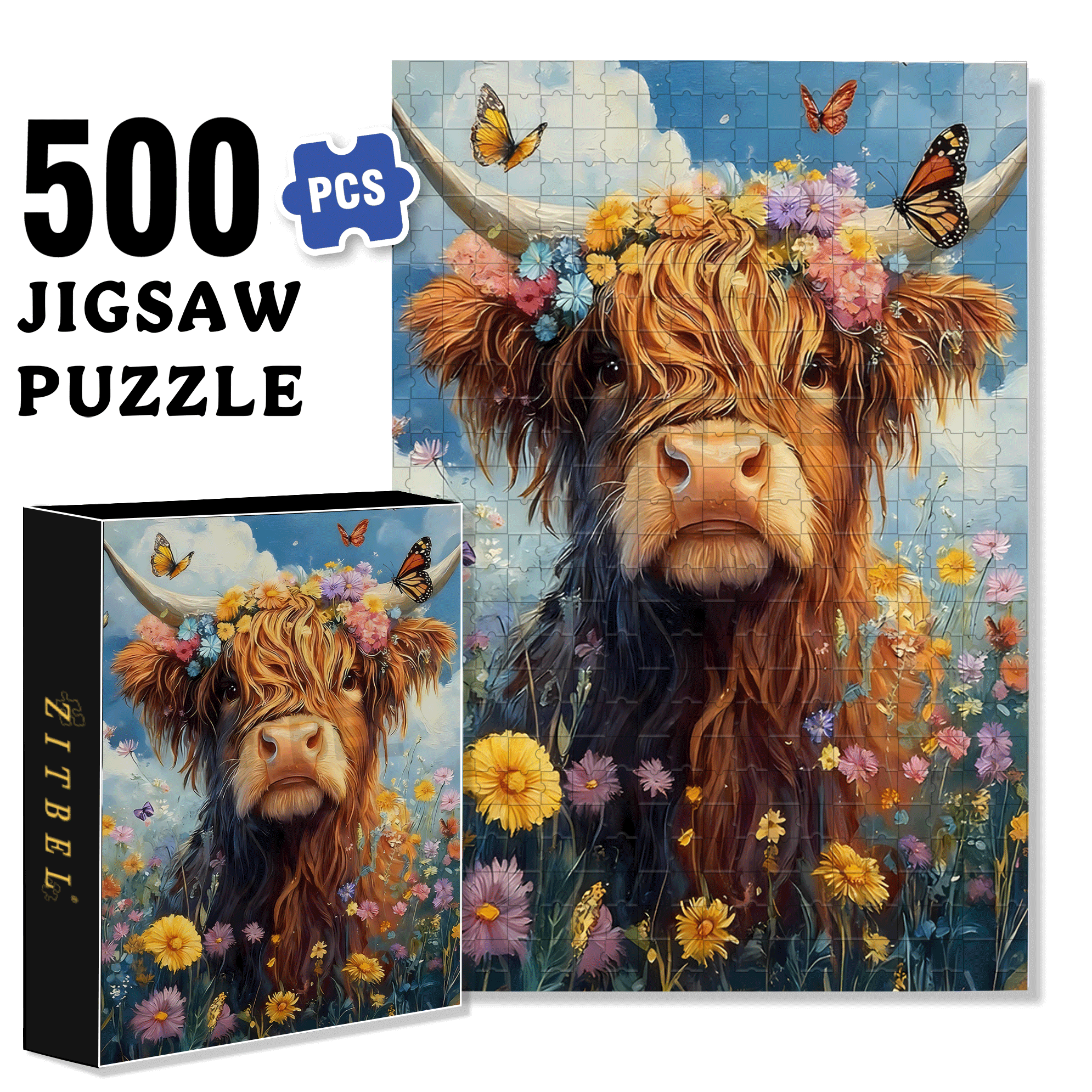 Garland Highland Cattle 500pcs/1000pcs Jigsaw Puzzle, Scratch-Resistant, Interactive Family Game & Brain-Boosting DIY Decor, Perfect for Halloween, Christmas & New Year Gifts, Family Puzzle Game