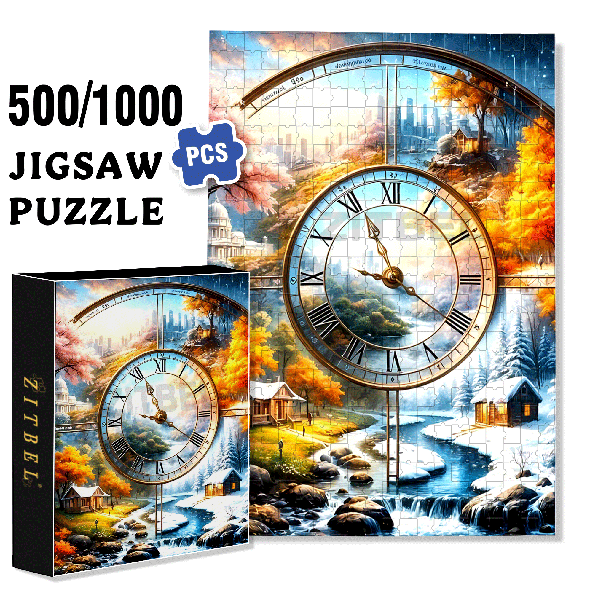 Mosaic Landscape Clock 500pcs/1000pcs Jigsaw Puzzle, Scratch-Resistant, Interactive Family Game & Brain-Boosting DIY Decor, Perfect for Halloween, Christmas & New Year Gifts, Family Puzzle Game