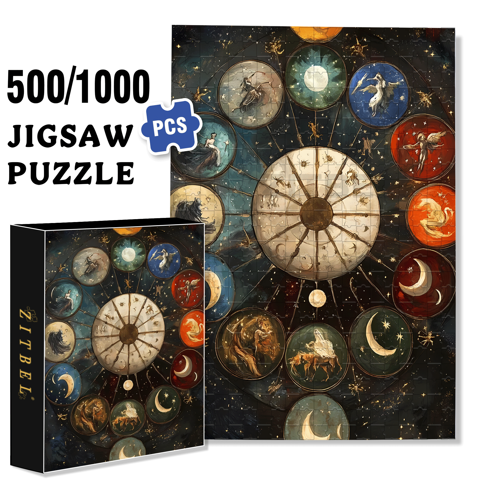 Starry Night Oracle Wheel 500pcs/1000pcs Jigsaw Puzzle, Scratch-Resistant, Interactive Family Game & Brain-Boosting DIY Decor, Perfect for Halloween, Christmas & New Year Gifts, Family Puzzle Game