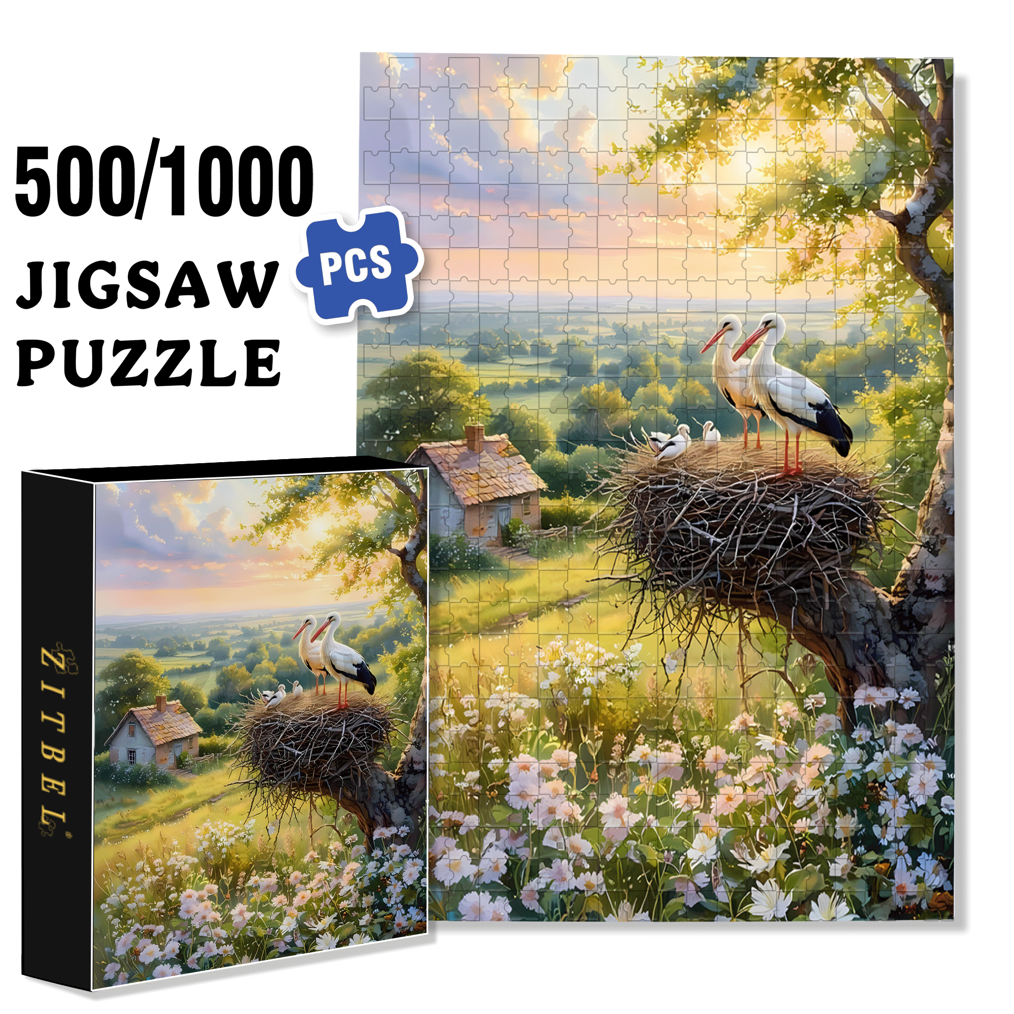Stork Nests In The Morning Light 500pcs/1000pcs Jigsaw Puzzle, Scratch-Resistant, Interactive Family Game & Brain-Boosting DIY Decor, Perfect for Halloween, Christmas & New Year Gifts, Family Puzzle Game
