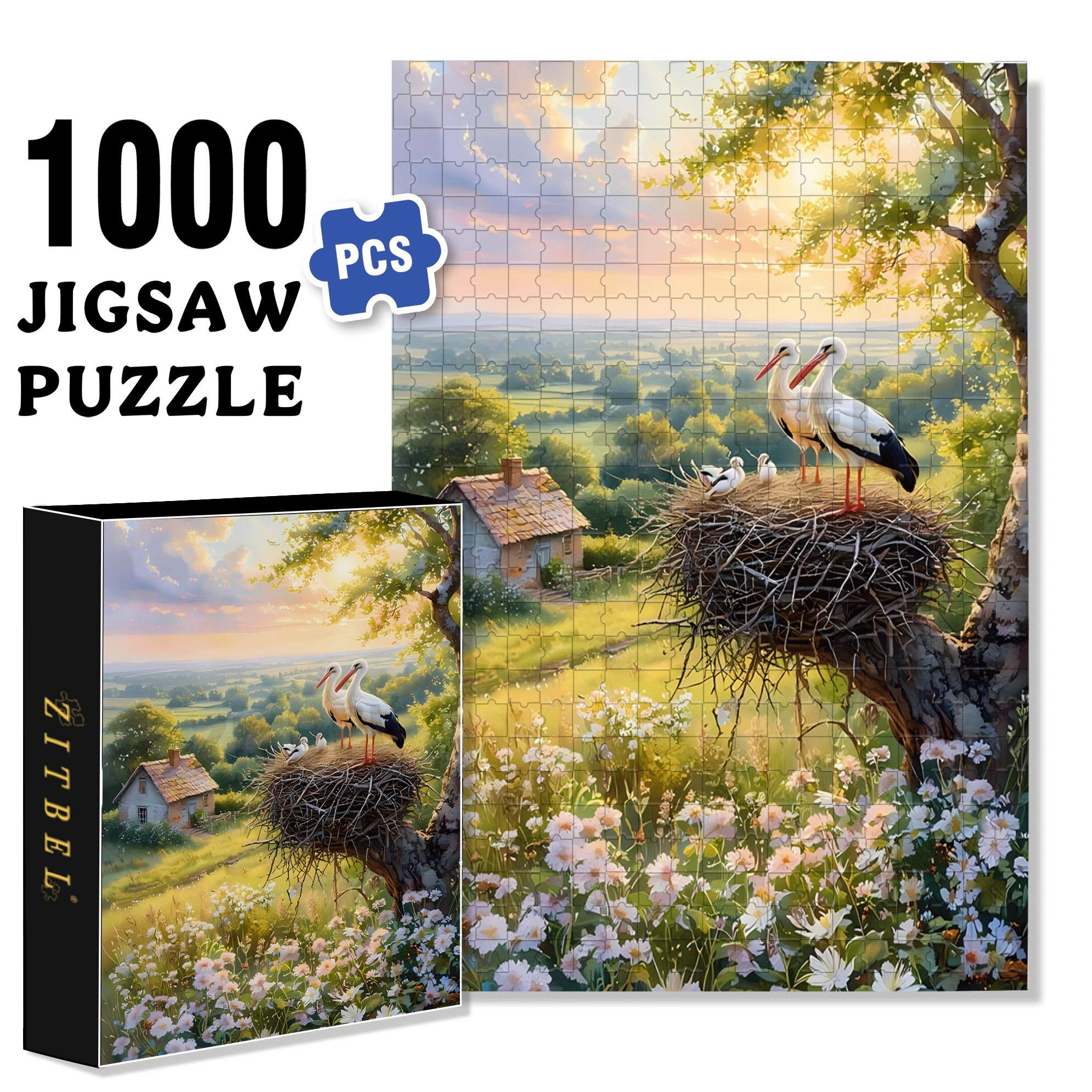 Stork Nests In The Morning Light 500pcs/1000pcs Jigsaw Puzzle, Scratch-Resistant, Interactive Family Game & Brain-Boosting DIY Decor, Perfect for Halloween, Christmas & New Year Gifts, Family Puzzle Game