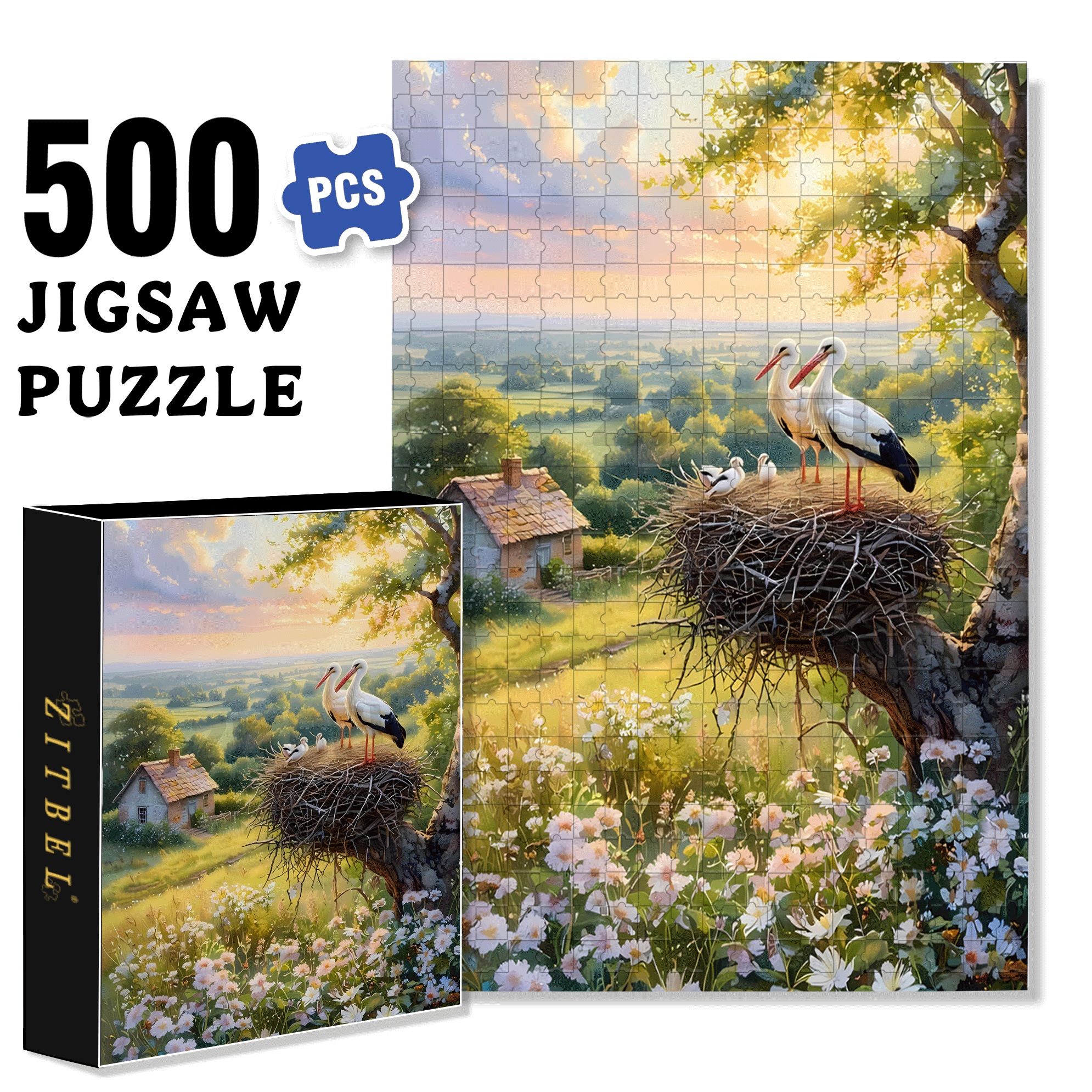 Stork Nests In The Morning Light 500pcs/1000pcs Jigsaw Puzzle, Scratch-Resistant, Interactive Family Game & Brain-Boosting DIY Decor, Perfect for Halloween, Christmas & New Year Gifts, Family Puzzle Game