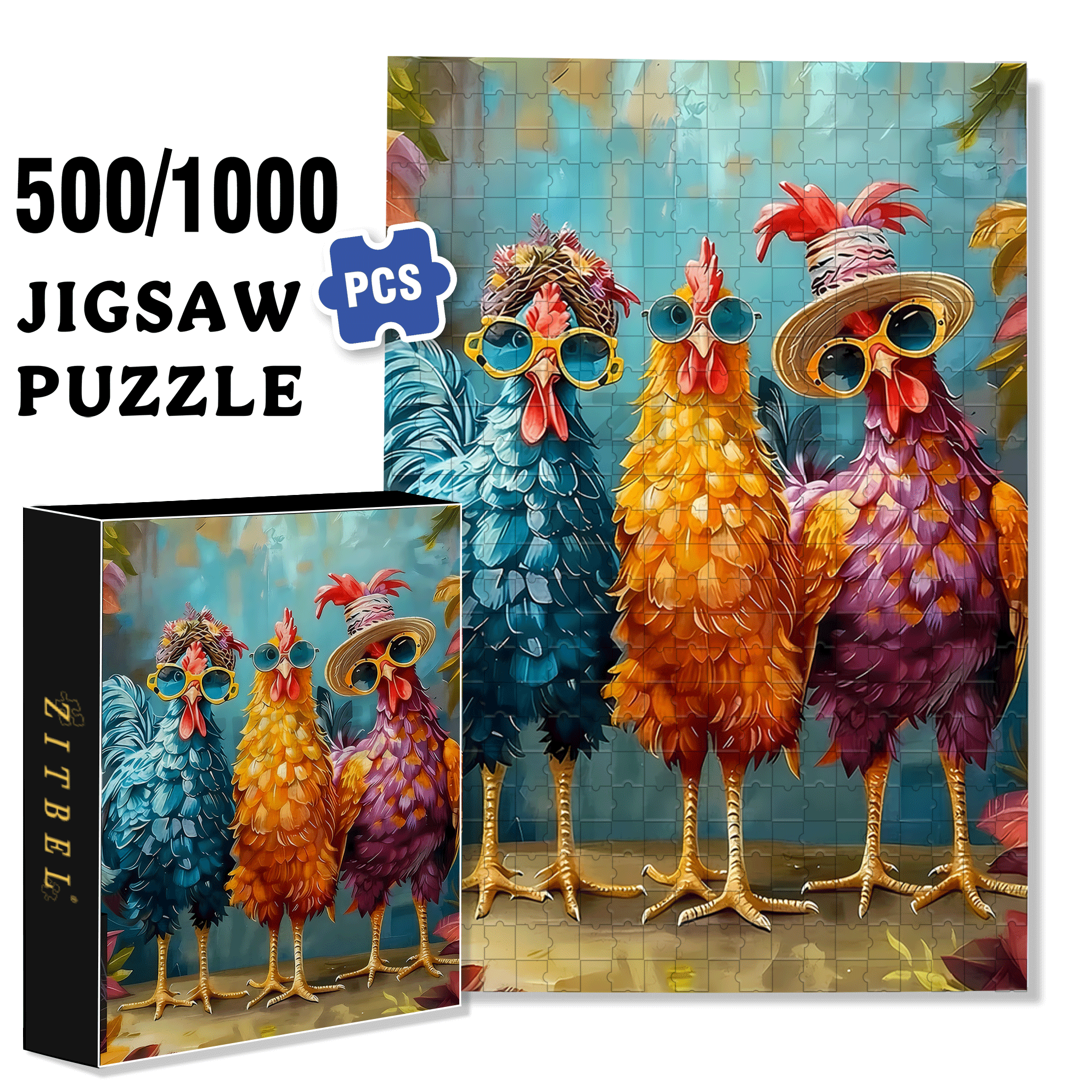Stylish Three-Colored Rooster 500pcs/1000pcs Jigsaw Puzzle, Scratch-Resistant, Interactive Family Game & Brain-Boosting DIY Decor, Perfect for Halloween, Christmas & New Year Gifts, Family Puzzle Game