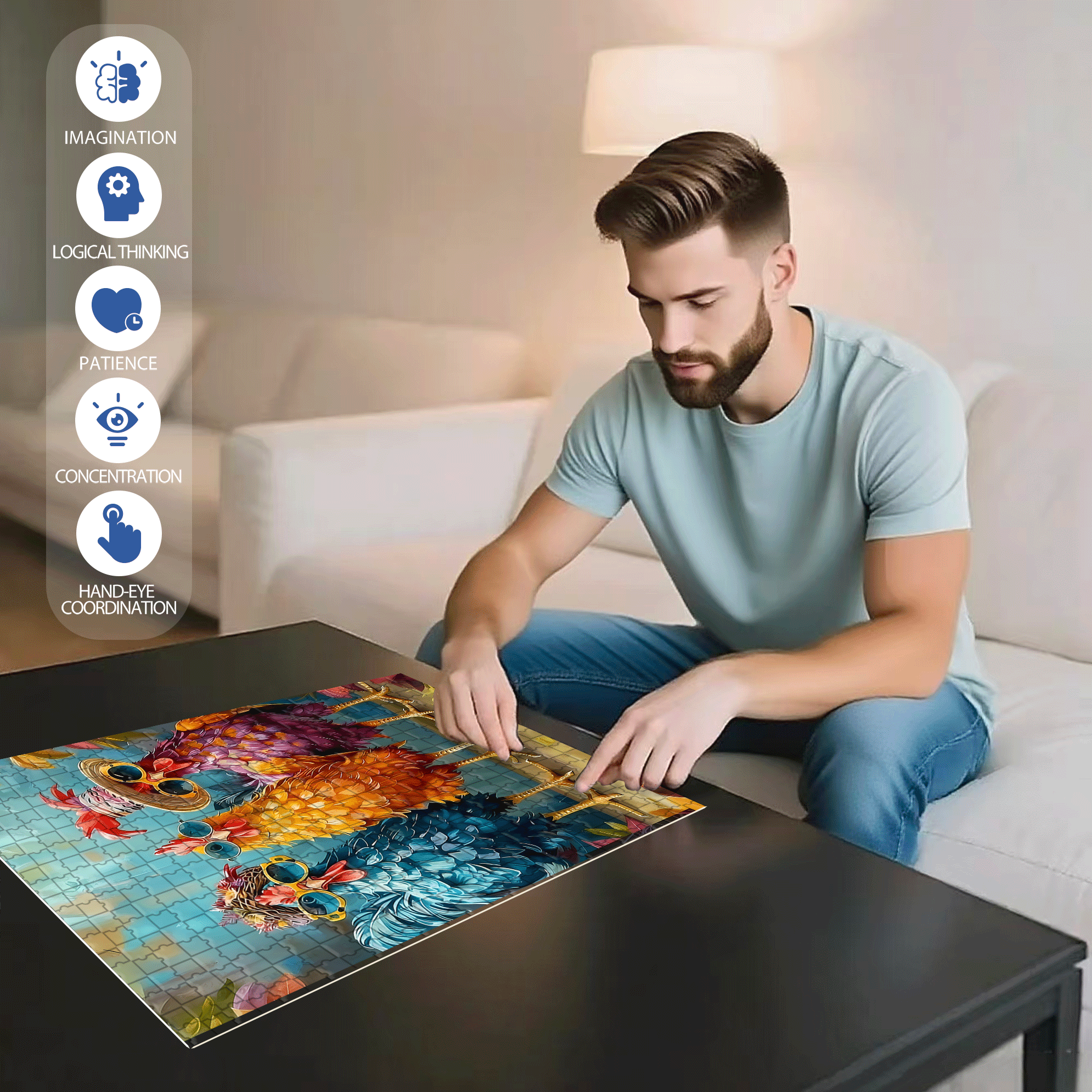 Stylish Three-Colored Rooster 500pcs/1000pcs Jigsaw Puzzle, Scratch-Resistant, Interactive Family Game & Brain-Boosting DIY Decor, Perfect for Halloween, Christmas & New Year Gifts, Family Puzzle Game