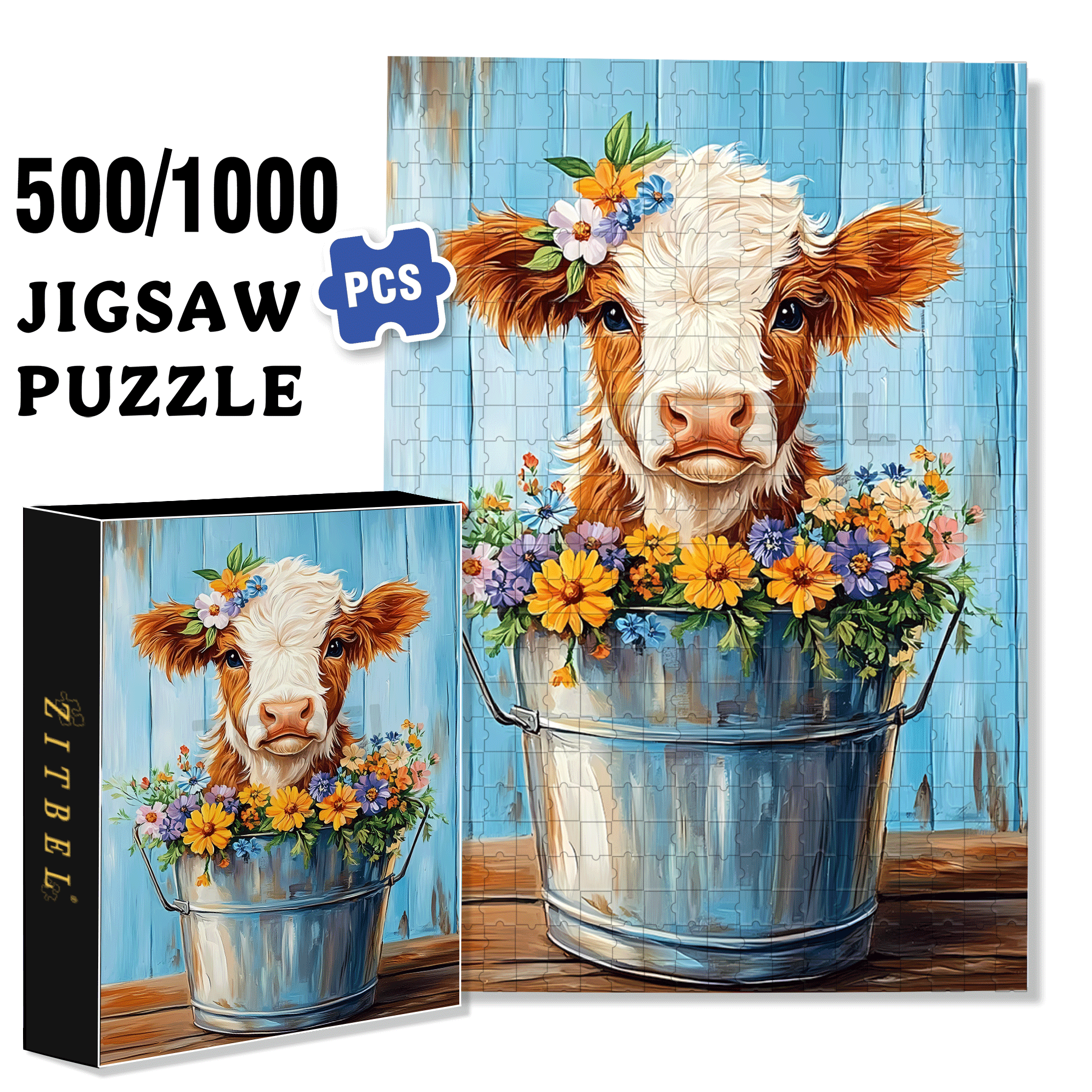The Little Cow Wearing A Garland 500pcs/1000pcs Jigsaw Puzzle, Scratch-Resistant, Interactive Family Game & Brain-Boosting DIY Decor, Perfect for Halloween, Christmas & New Year Gifts, Family Puzzle Game