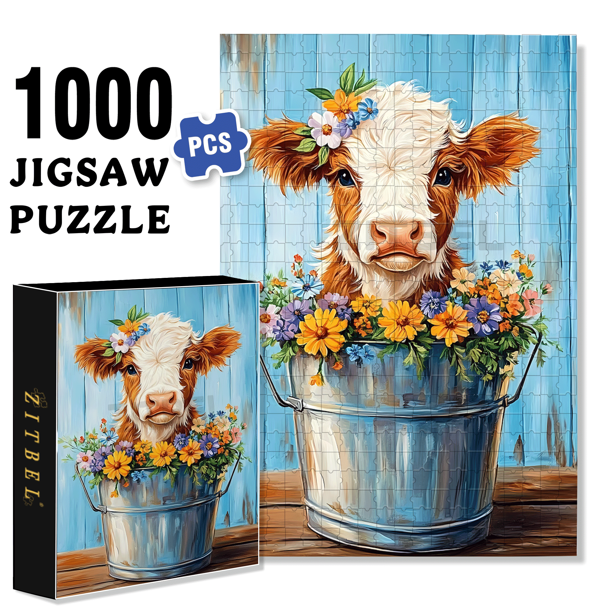 The Little Cow Wearing A Garland 500pcs/1000pcs Jigsaw Puzzle, Scratch-Resistant, Interactive Family Game & Brain-Boosting DIY Decor, Perfect for Halloween, Christmas & New Year Gifts, Family Puzzle Game
