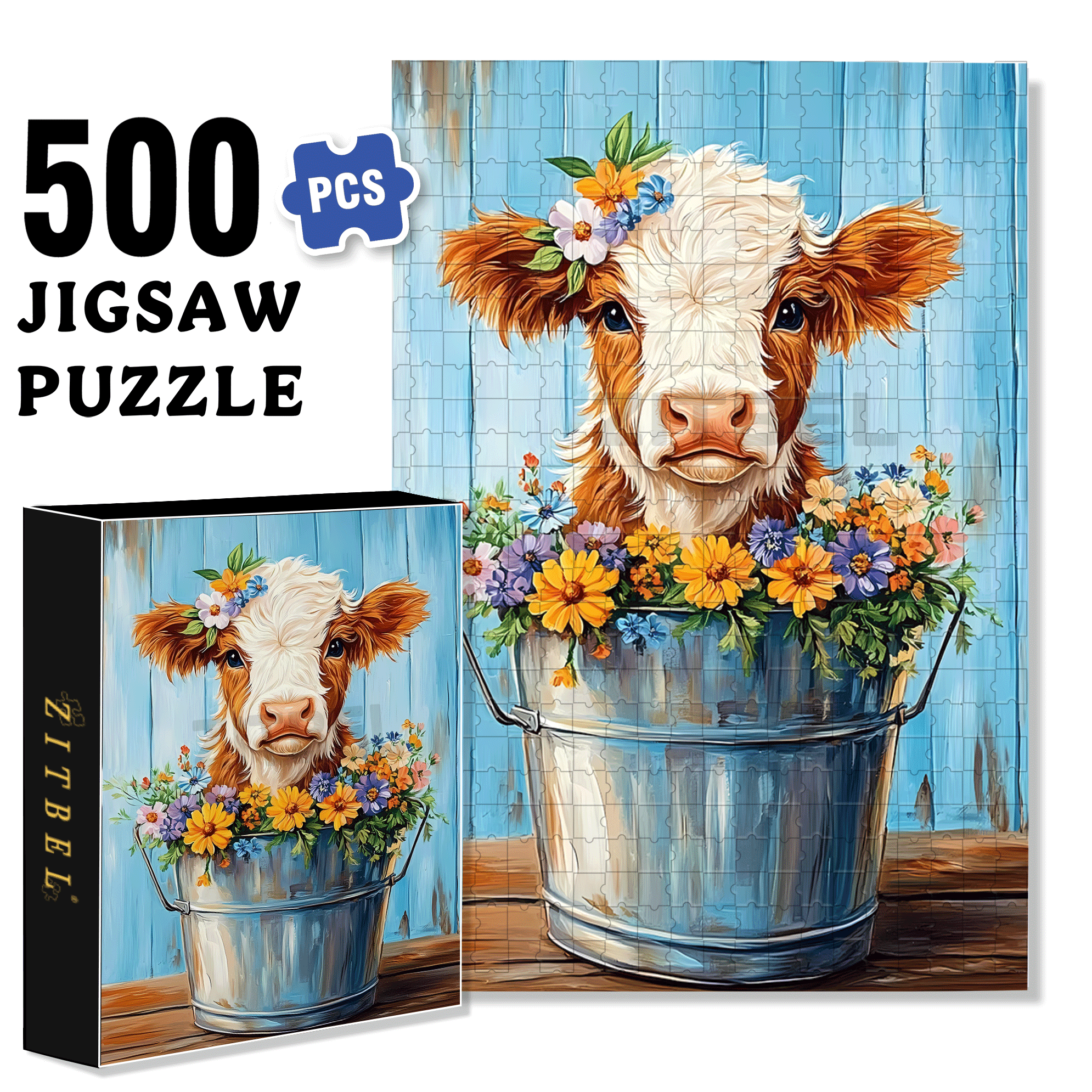 The Little Cow Wearing A Garland 500pcs/1000pcs Jigsaw Puzzle, Scratch-Resistant, Interactive Family Game & Brain-Boosting DIY Decor, Perfect for Halloween, Christmas & New Year Gifts, Family Puzzle Game