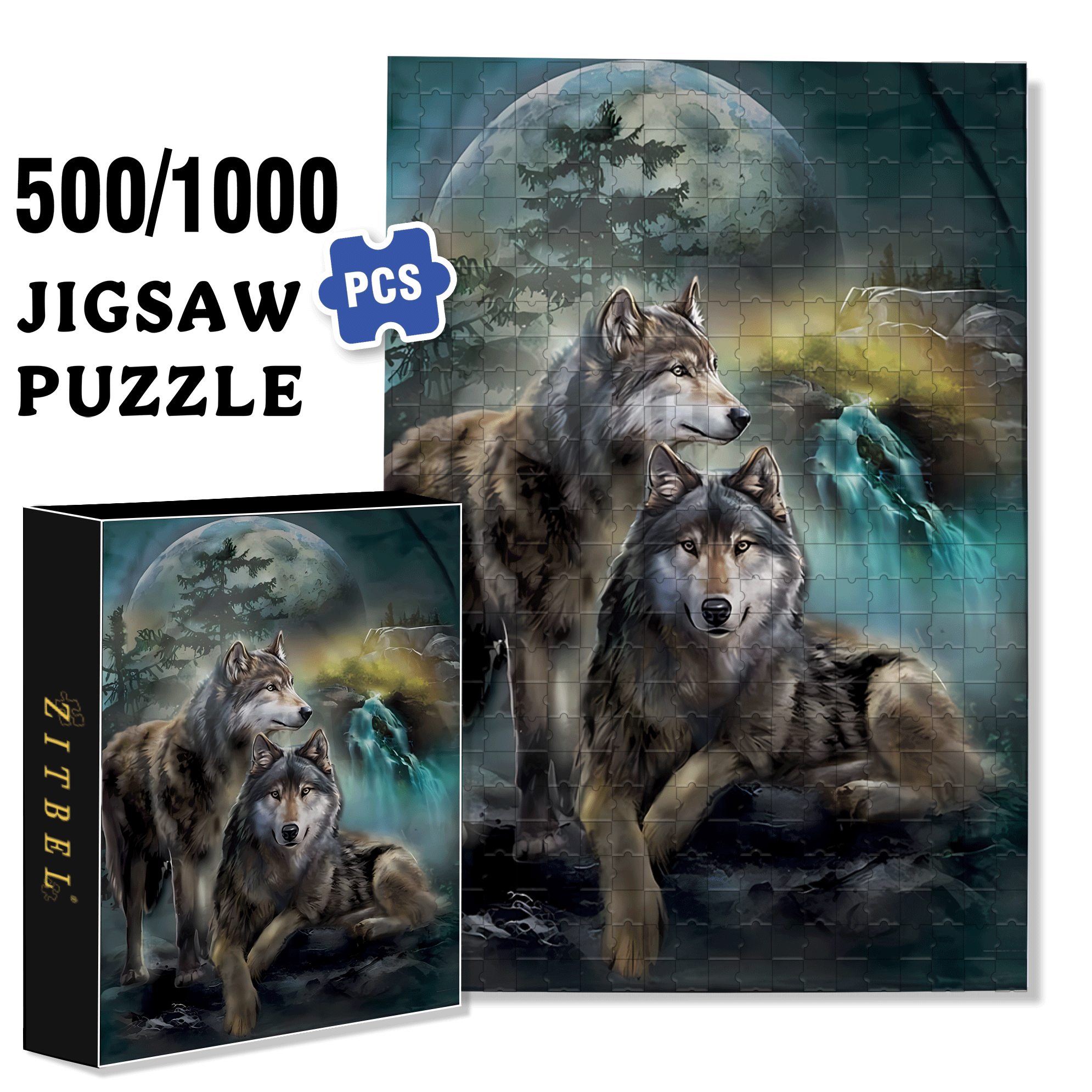 Two Wolves Under the Moon 500pcs/1000pcs Jigsaw Puzzle, Scratch-Resistant, Interactive Family Game & Brain-Boosting DIY Decor, Perfect for Halloween, Christmas & New Year Gifts, Family Puzzle Game