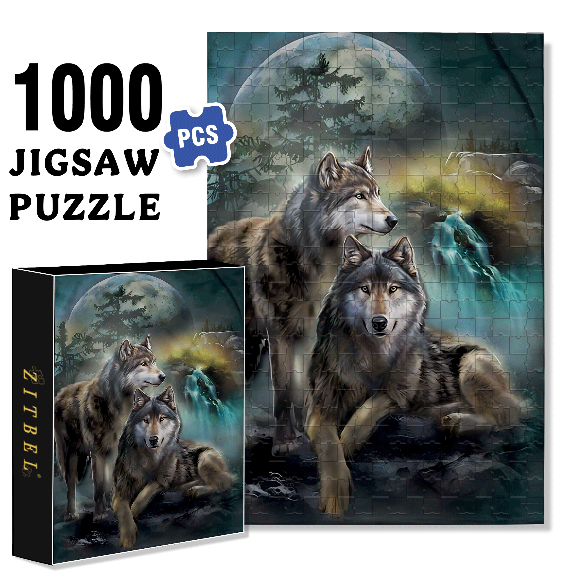 Two Wolves Under the Moon 500pcs/1000pcs Jigsaw Puzzle, Scratch-Resistant, Interactive Family Game & Brain-Boosting DIY Decor, Perfect for Halloween, Christmas & New Year Gifts, Family Puzzle Game