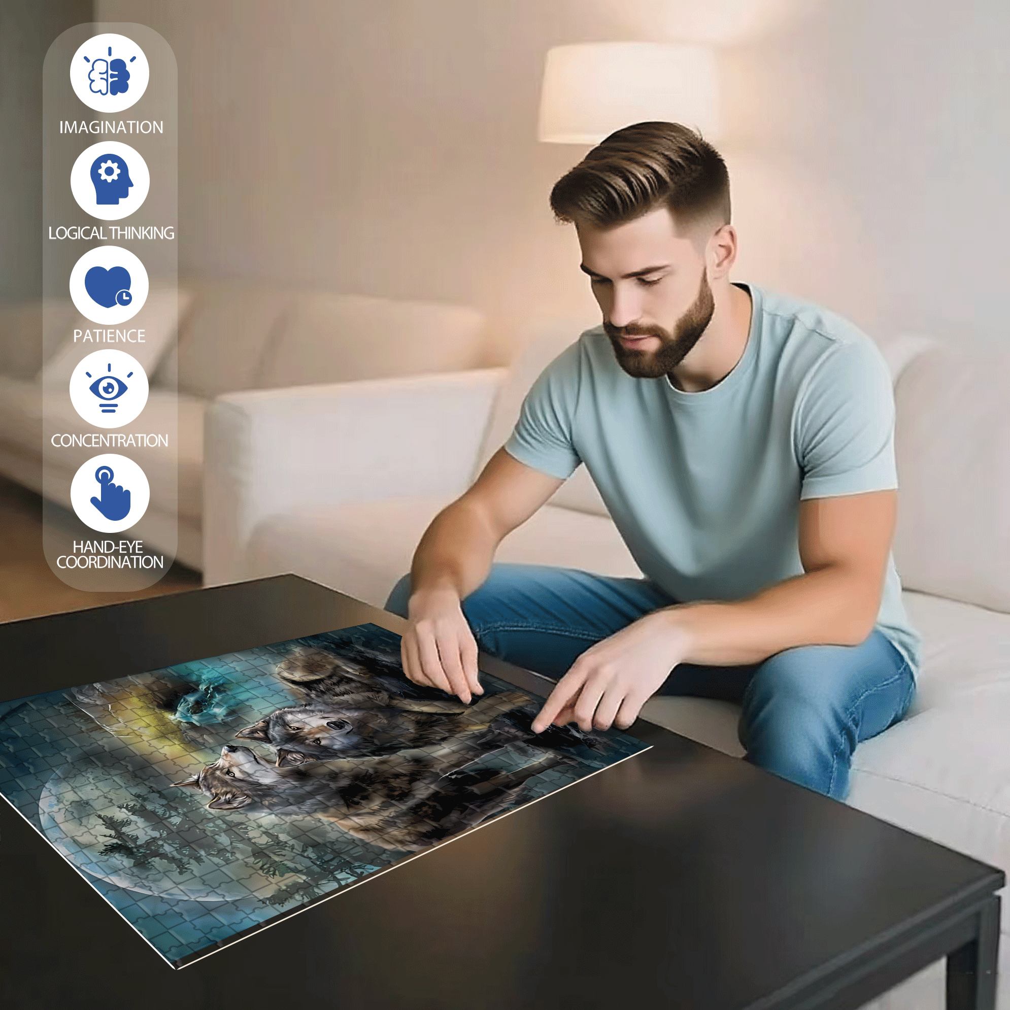 Two Wolves Under the Moon 500pcs/1000pcs Jigsaw Puzzle, Scratch-Resistant, Interactive Family Game & Brain-Boosting DIY Decor, Perfect for Halloween, Christmas & New Year Gifts, Family Puzzle Game