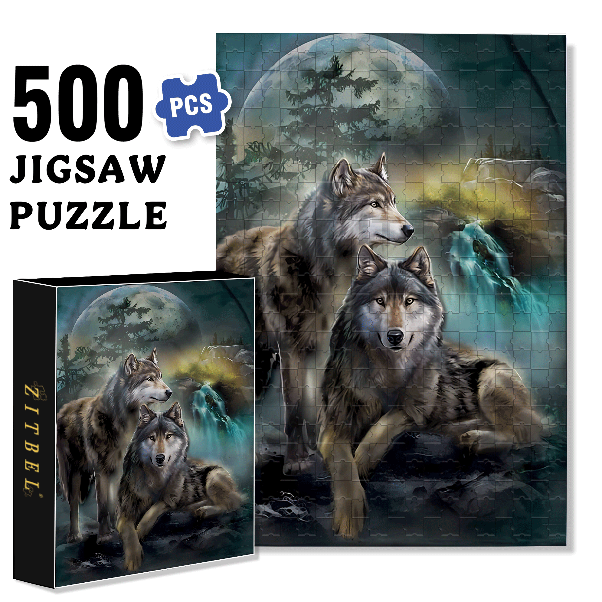 Two Wolves Under the Moon 500pcs/1000pcs Jigsaw Puzzle, Scratch-Resistant, Interactive Family Game & Brain-Boosting DIY Decor, Perfect for Halloween, Christmas & New Year Gifts, Family Puzzle Game