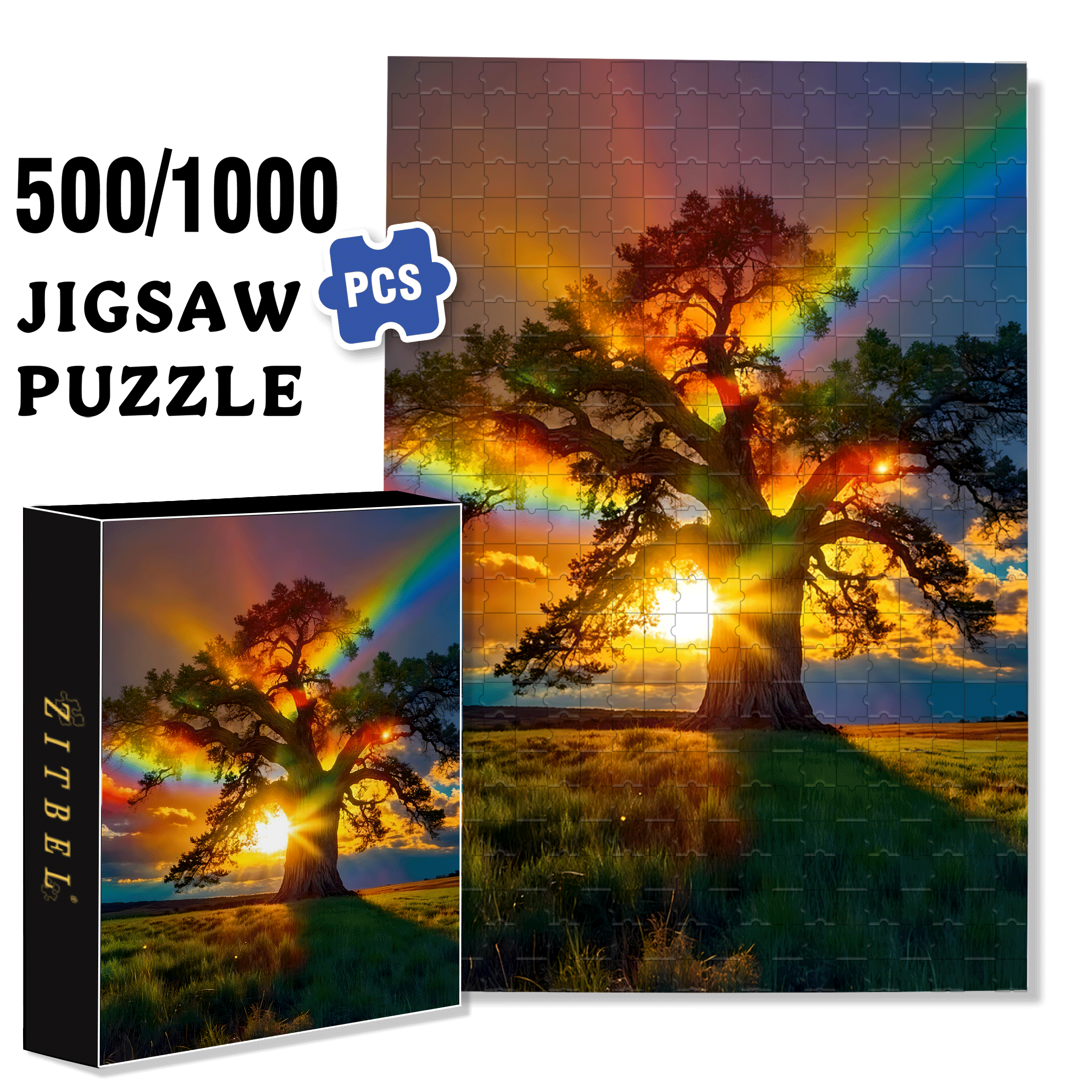 Vibrant Rainbow and Giant Tree 500pcs/1000pcs Jigsaw Puzzle, Scratch-Resistant, Interactive Family Game & Brain-Boosting DIY Decor, Perfect for Halloween, Christmas & New Year Gifts, Family Puzzle Game